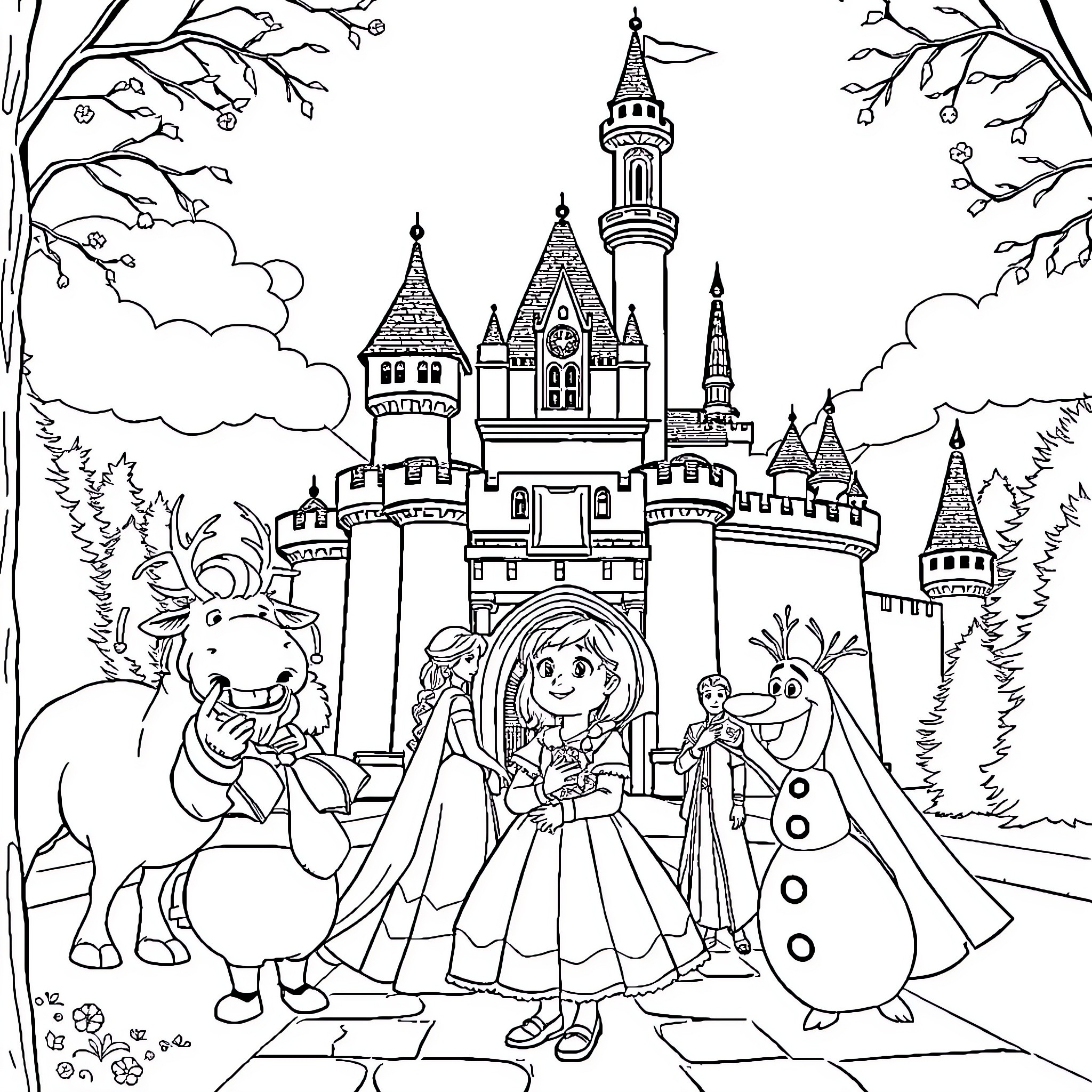 Château of a Fairytale Scene with Characters Coloring Page (free black-and-white line drawing printable PDF for all, from beginners to advanced learners, including children, teens, adults, and seniors)