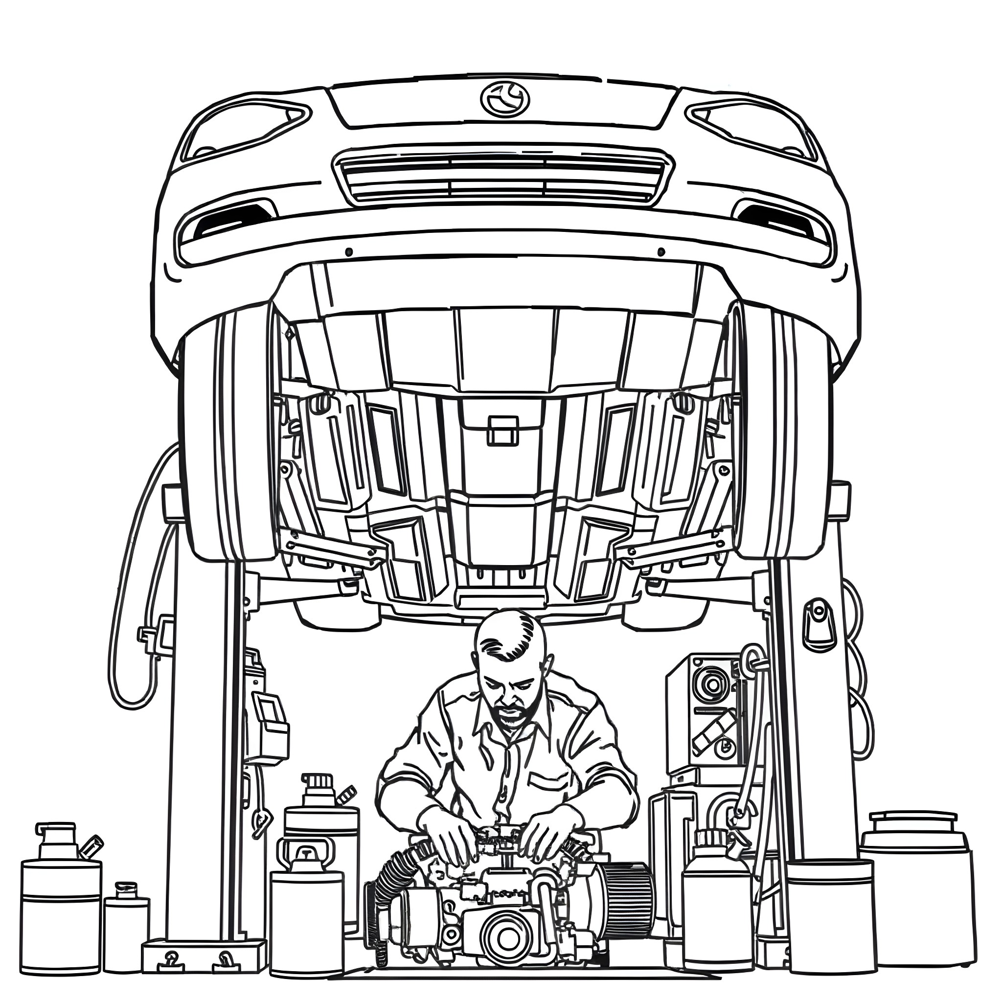 Car being repaired by mechanic in workshop Coloring Page (free black-and-white line drawing printable PDF for all, from beginners to advanced learners, including children, teens, adults, and seniors)