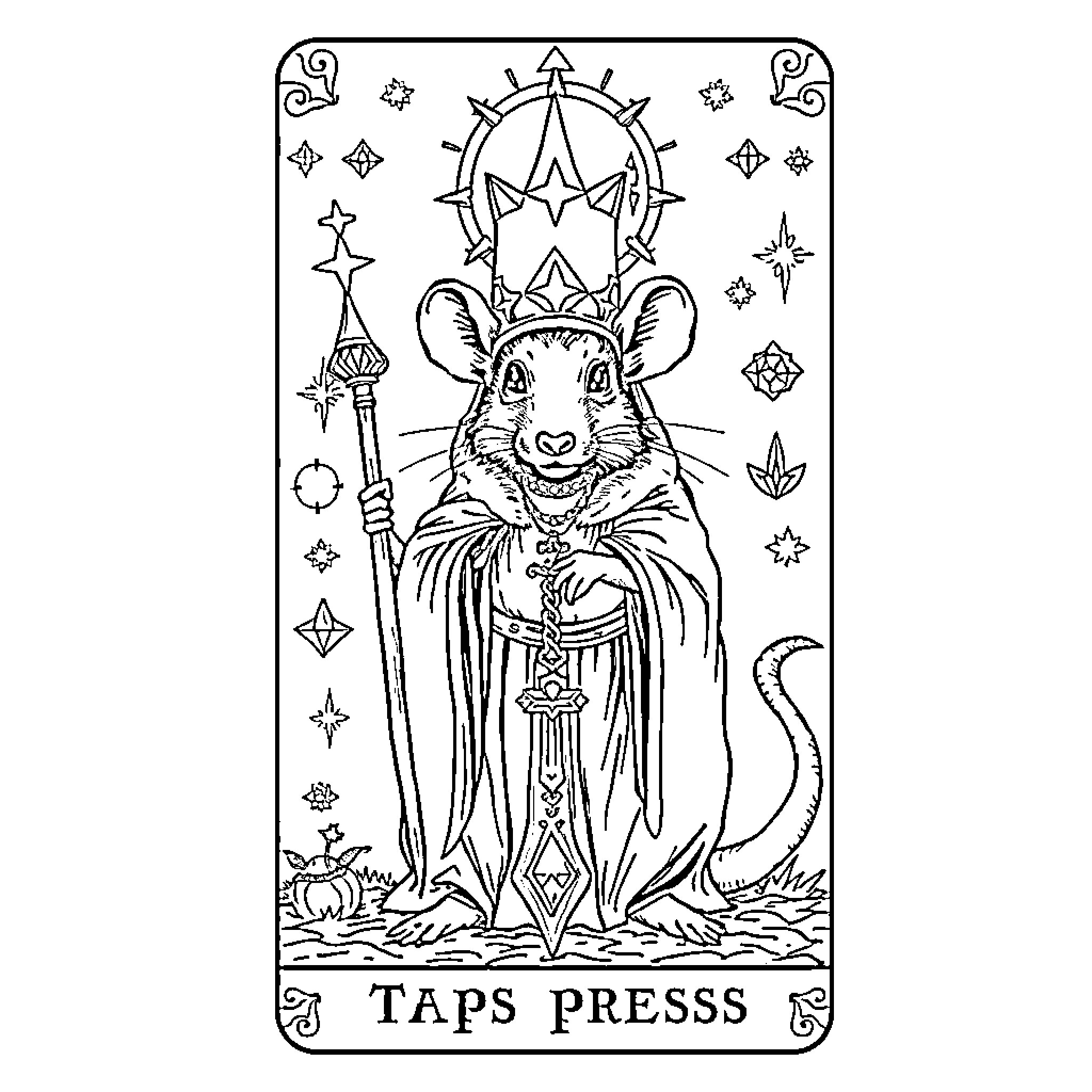 Rat deity with mystic symbols and garb Coloring Page (free black-and-white line drawing printable PDF for all, from beginners to advanced learners, including children, teens, adults, and seniors)