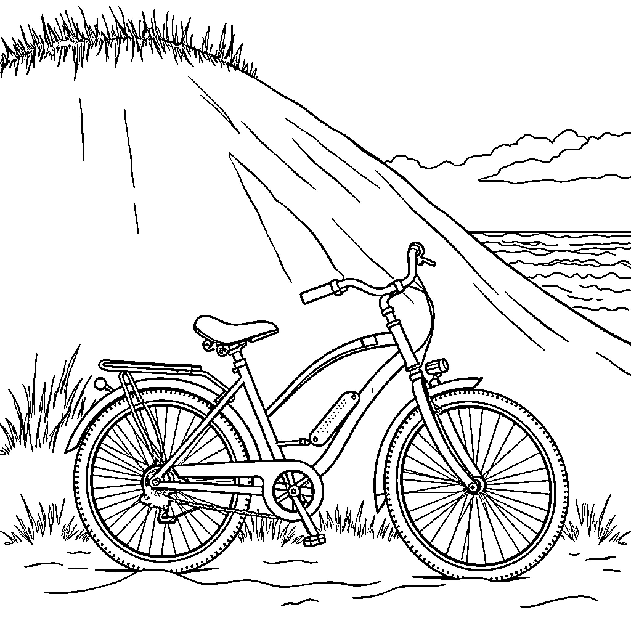 Bike ride along the beach Coloring Page (free black-and-white line drawing printable PDF for all, from beginners to advanced learners, including children, teens, adults, and seniors)