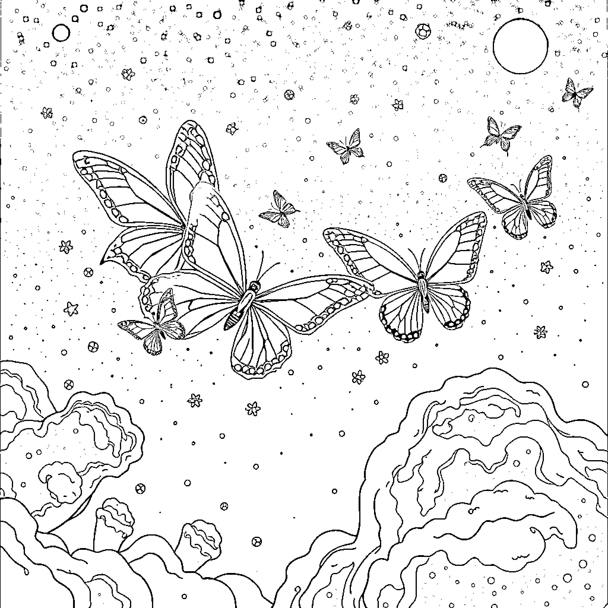 Butterfly swarm soaring through starry night Coloring Page (free black-and-white line drawing printable PDF for all, from beginners to advanced learners, including children, teens, adults, and seniors)