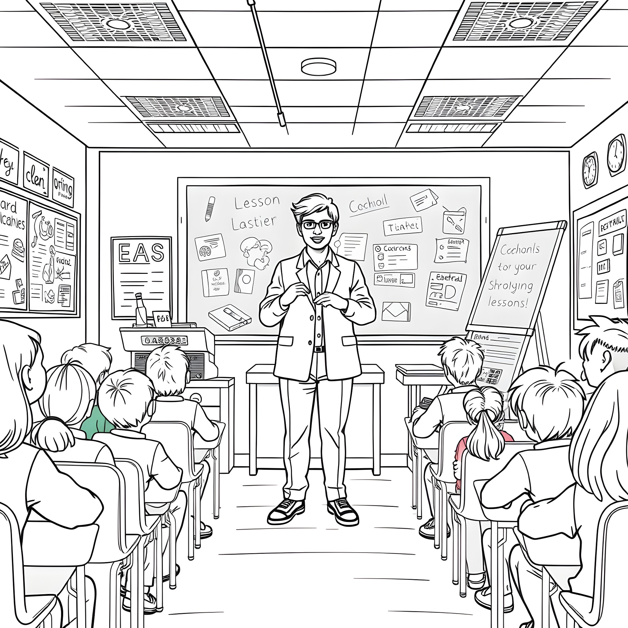Teacher instructing students in the classroom Coloring Page (free black-and-white line drawing printable PDF for all, from beginners to advanced learners, including children, teens, adults, and seniors)