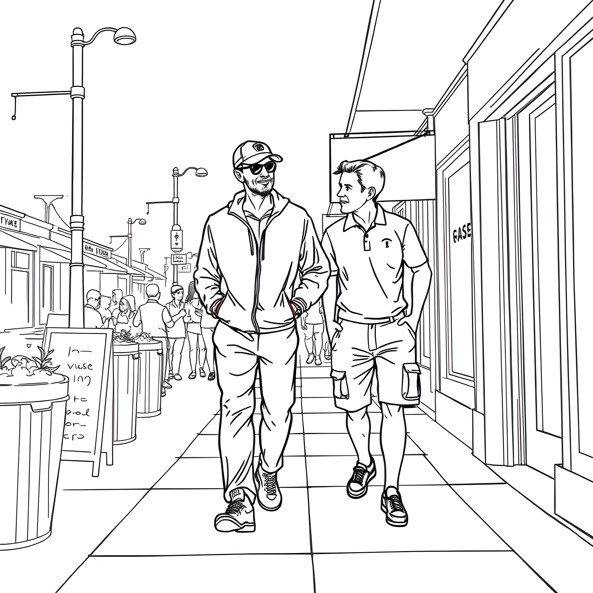 Guy walking with friend on city street Coloring Page (free black-and-white line drawing printable PDF for all, from beginners to advanced learners, including children, teens, adults, and seniors)
