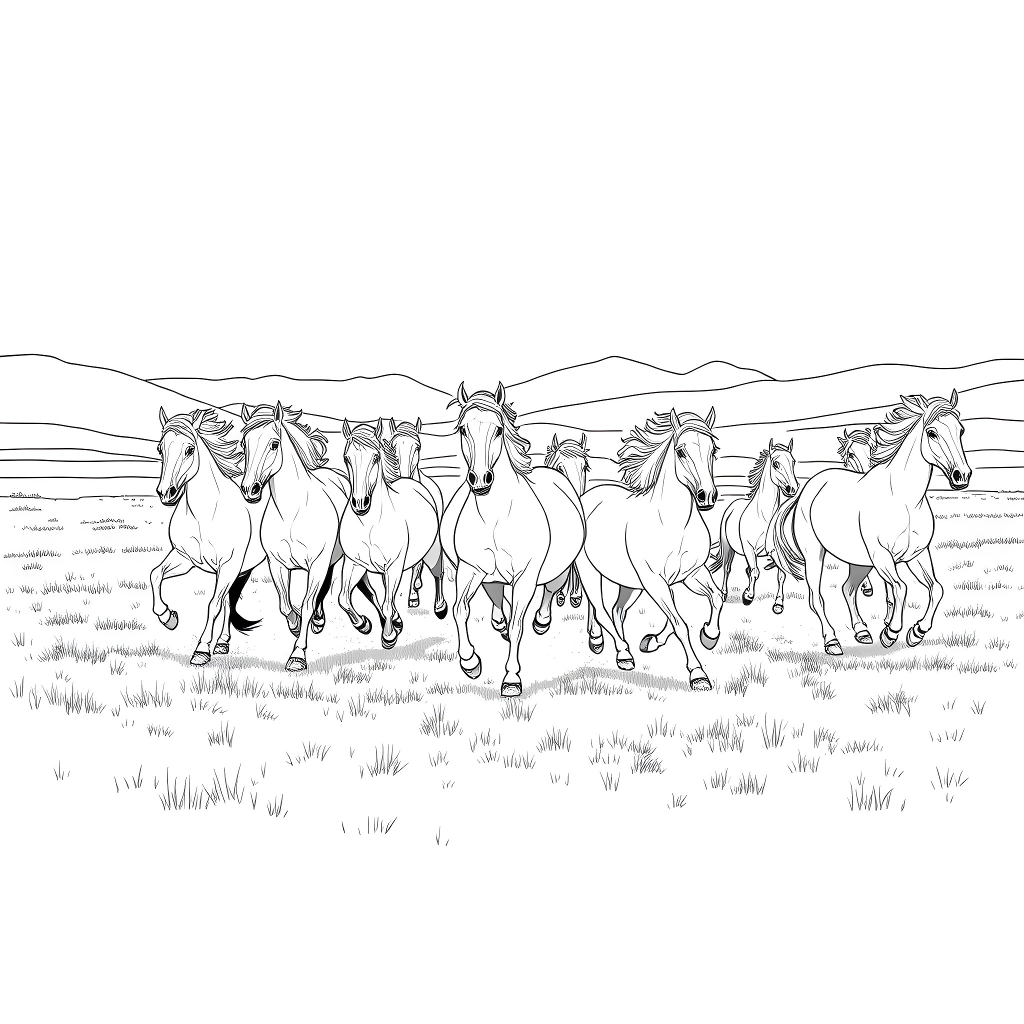 Horse herd galloping through open field Coloring Page (free black-and-white line drawing printable PDF for all, from beginners to advanced learners, including children, teens, adults, and seniors)