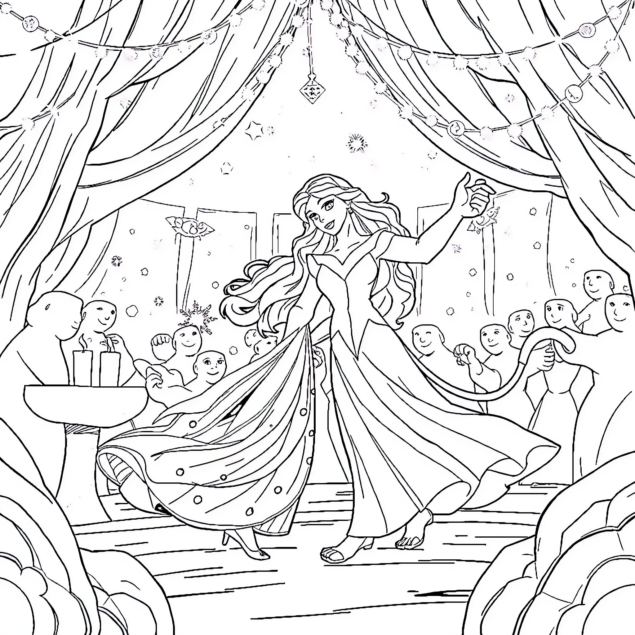 Queen Performing Enchanting Dance on Stage Coloring Page (free black-and-white line drawing printable PDF for all, from beginners to advanced learners, including children, teens, adults, and seniors)