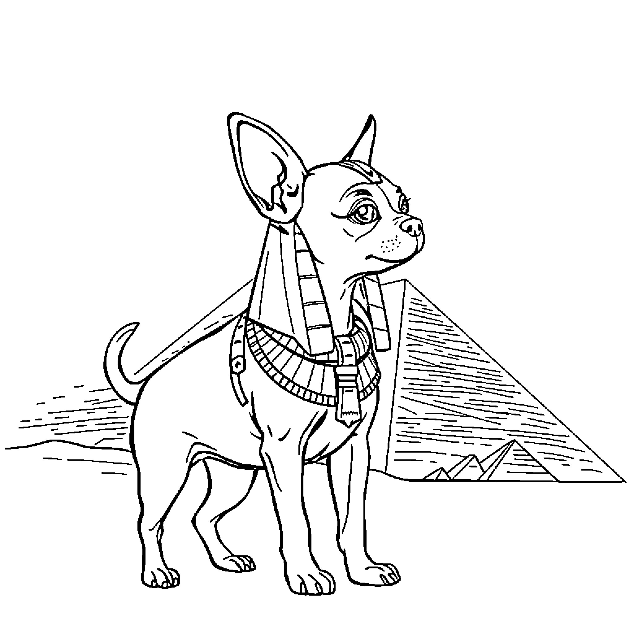 Chihuahua exploring ancient Egyptian pyramids Coloring Page (free black-and-white line drawing printable PDF for all, from beginners to advanced learners, including children, teens, adults, and seniors)