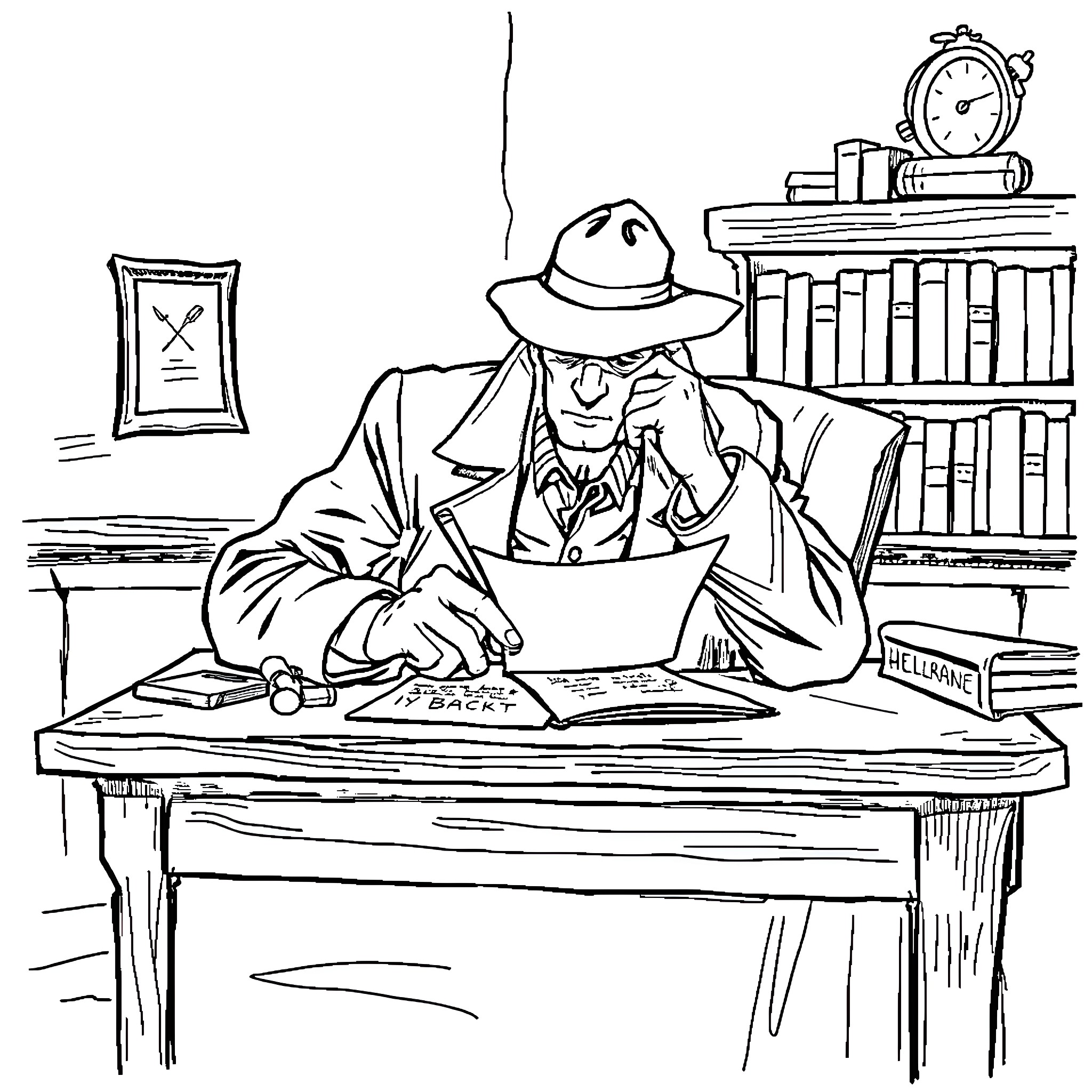 Detective examining clues at the desk Coloring Page (free black-and-white line drawing printable PDF for all, from beginners to advanced learners, including children, teens, adults, and seniors)