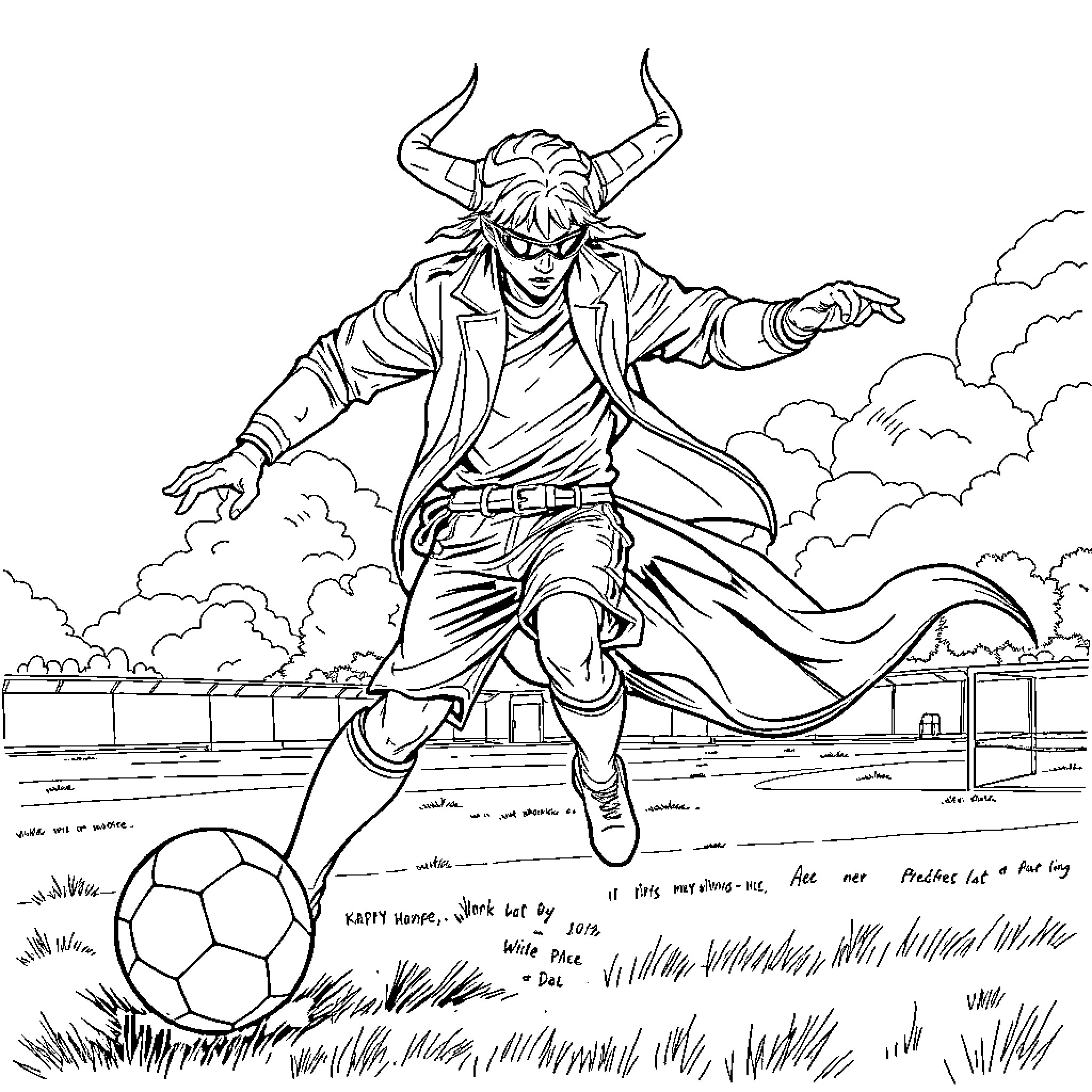 Demon Hunter Kicks Soccer Ball in Battle Stance Coloring Page (free black-and-white line drawing printable PDF for all, from beginners to advanced learners, including children, teens, adults, and seniors)
