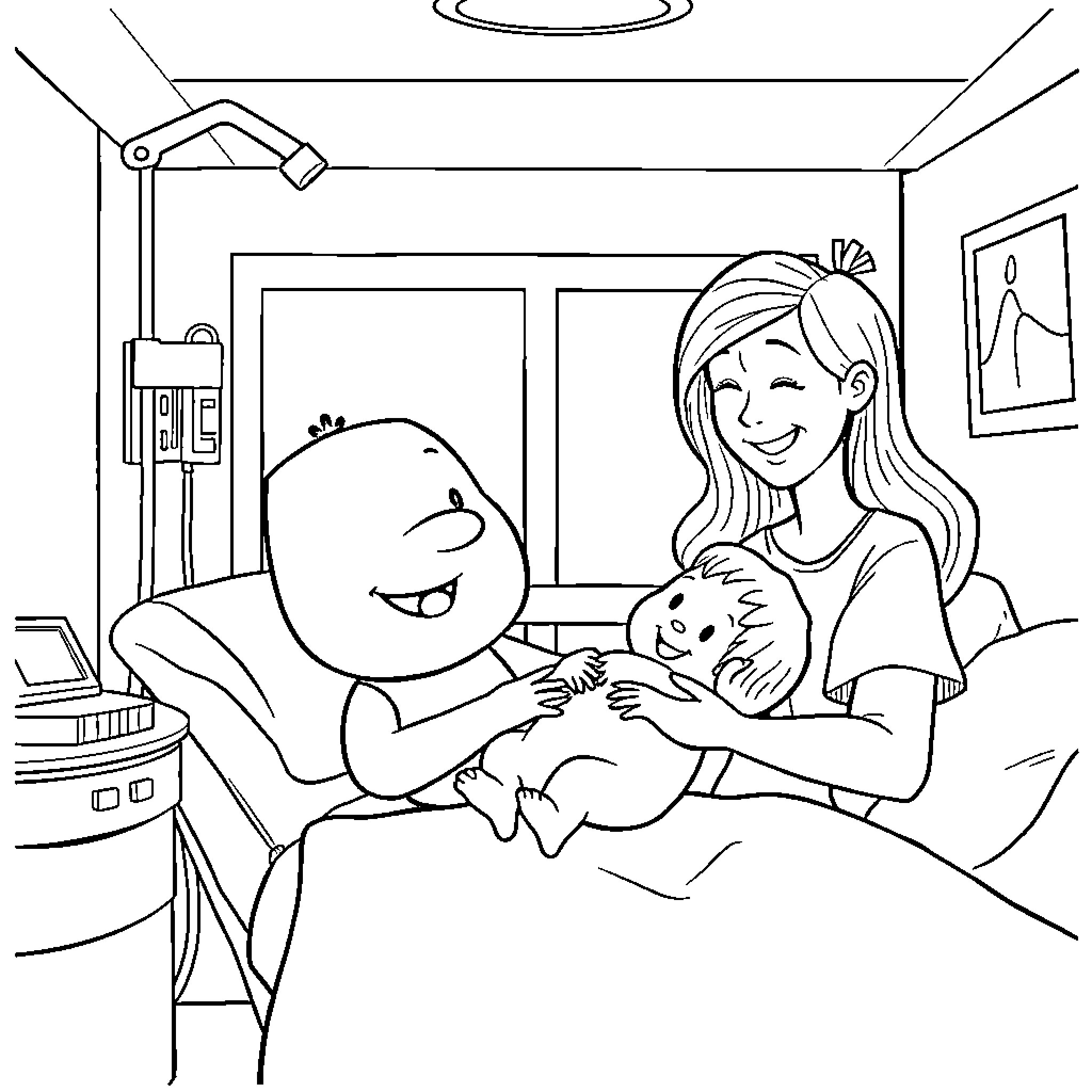 Stewie Griffin playing with woman and baby in room Coloring Page (free black-and-white line drawing printable PDF for all, from beginners to advanced learners, including children, teens, adults, and seniors)