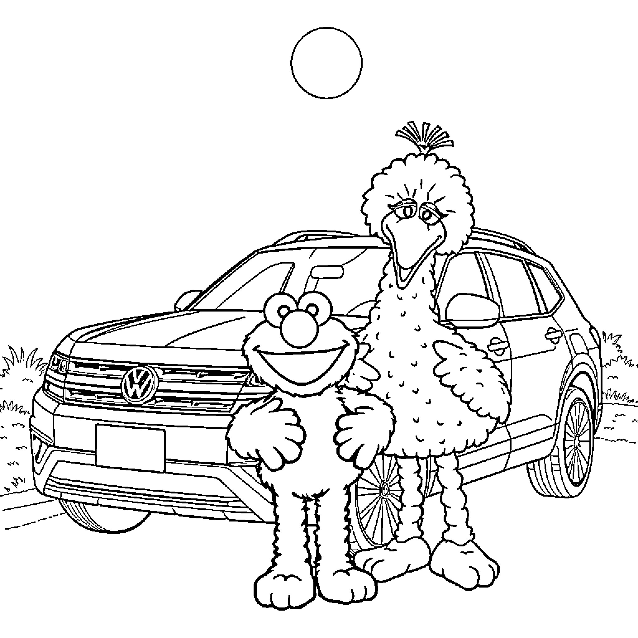Elmo and friend stand next to a vehicle Coloring Page (free black-and-white line drawing printable PDF for all, from beginners to advanced learners, including children, teens, adults, and seniors)