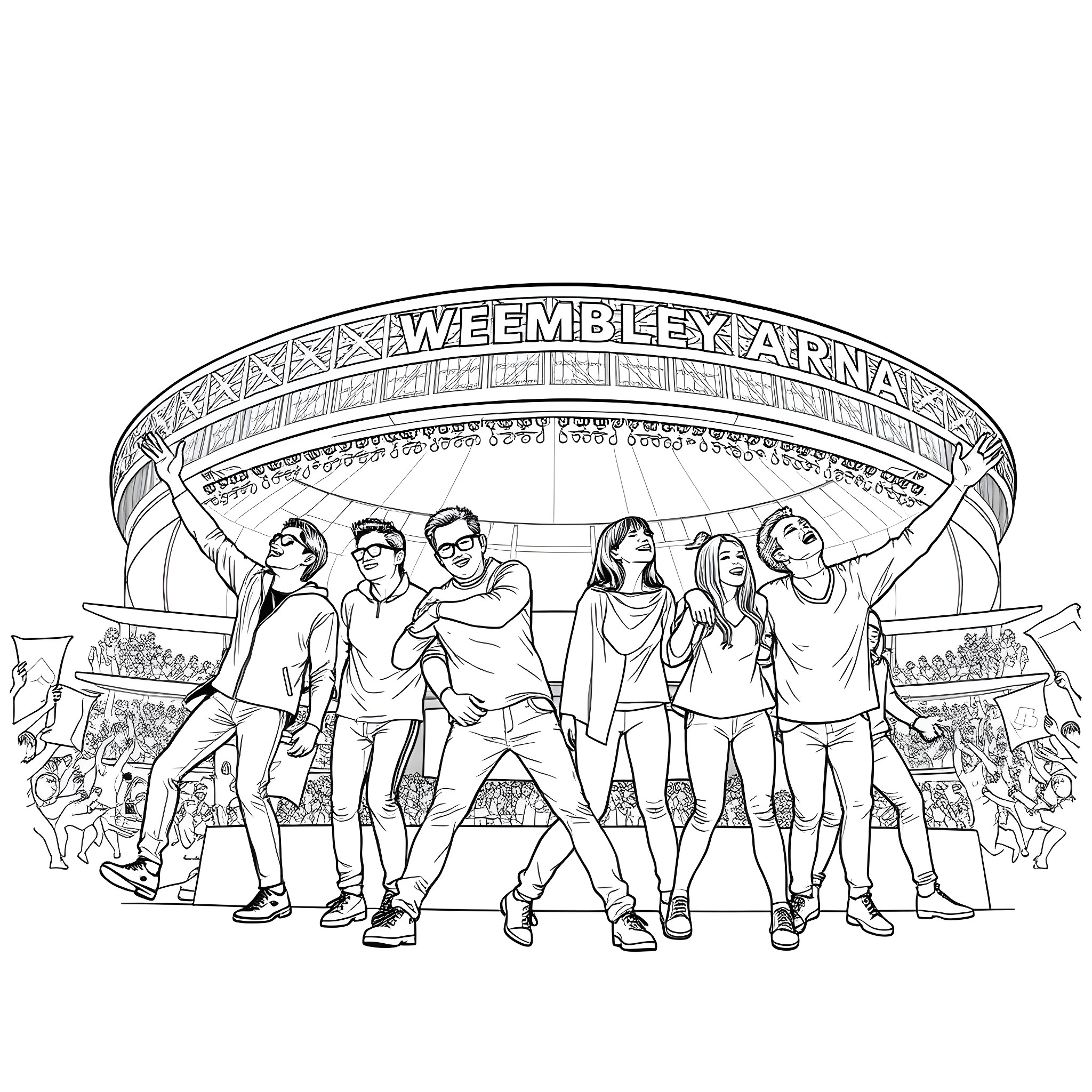 S Club 7 performing at Wembley Arena Coloring Page (free black-and-white line drawing printable PDF for all, from beginners to advanced learners, including children, teens, adults, and seniors)