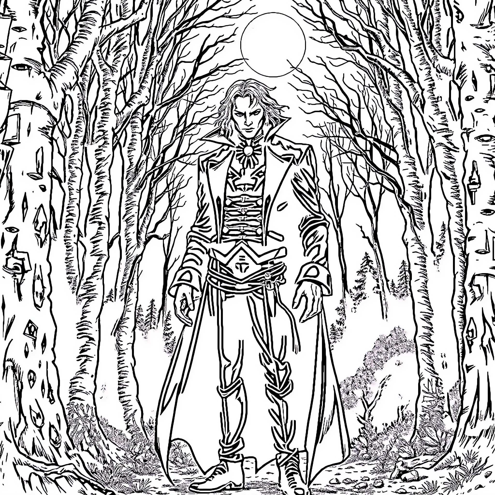 Vampire lord stalking through the dark forest Coloring Page (free black-and-white line drawing printable PDF for all, from beginners to advanced learners, including children, teens, adults, and seniors)