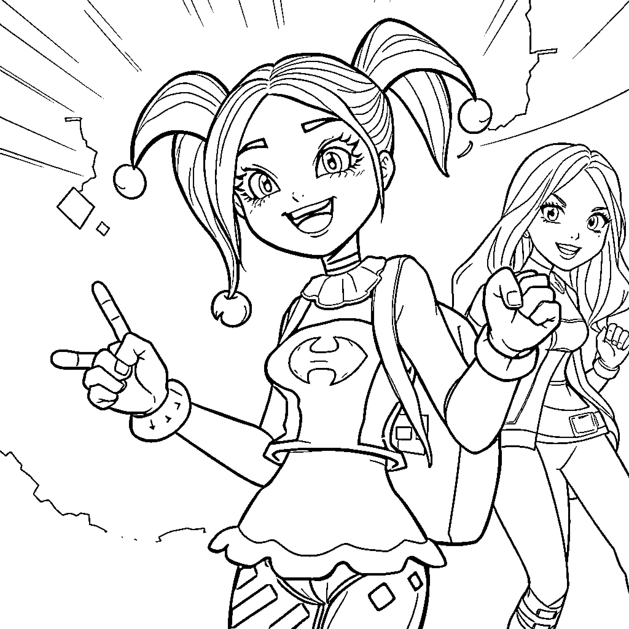 Harley Quinn and friends in an action-filled scene Coloring Page (free black-and-white line drawing printable PDF for all, from beginners to advanced learners, including children, teens, adults, and seniors)