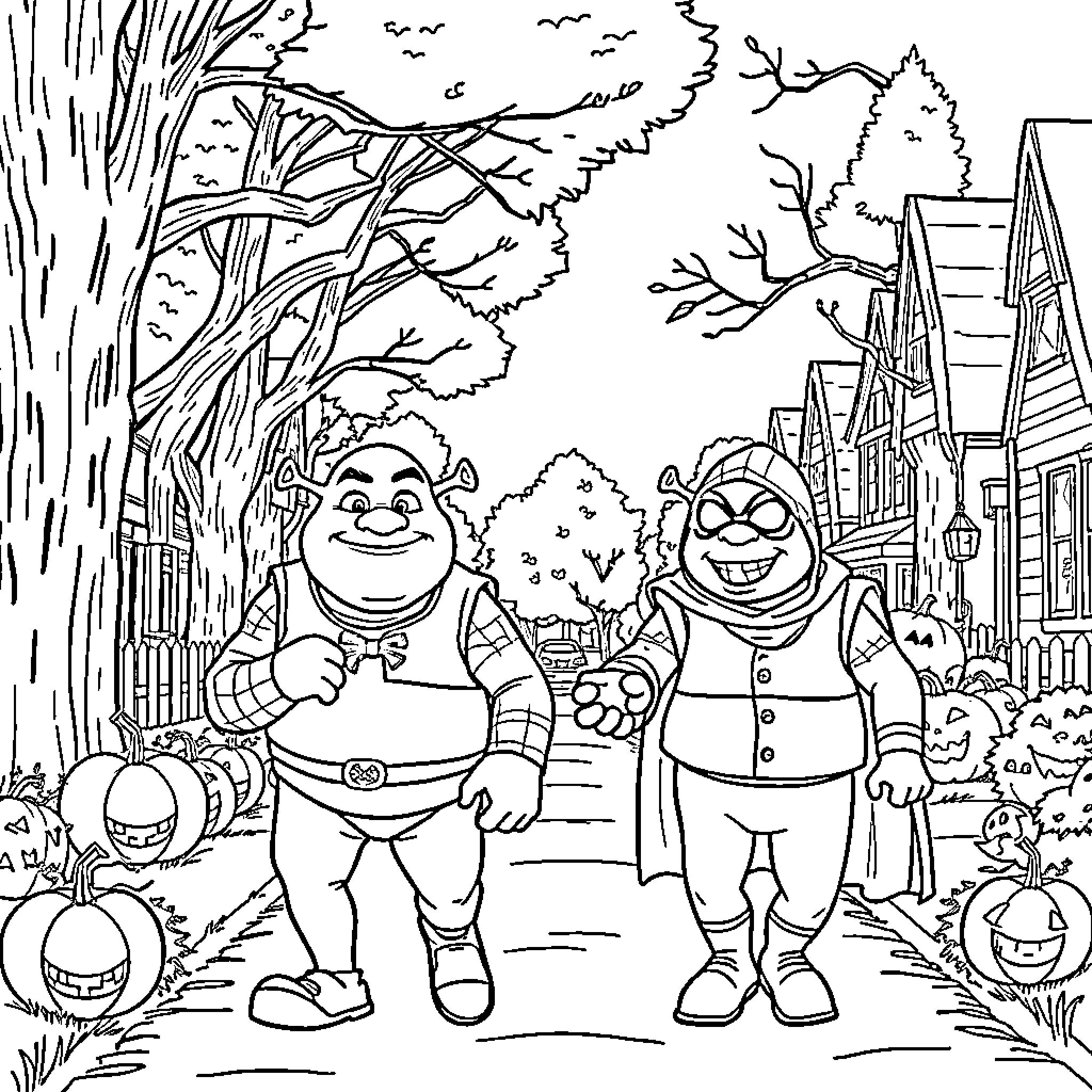 Spiderman characters exploring a spooky neighborhood Coloring Page (free black-and-white line drawing printable PDF for all, from beginners to advanced learners, including children, teens, adults, and seniors)