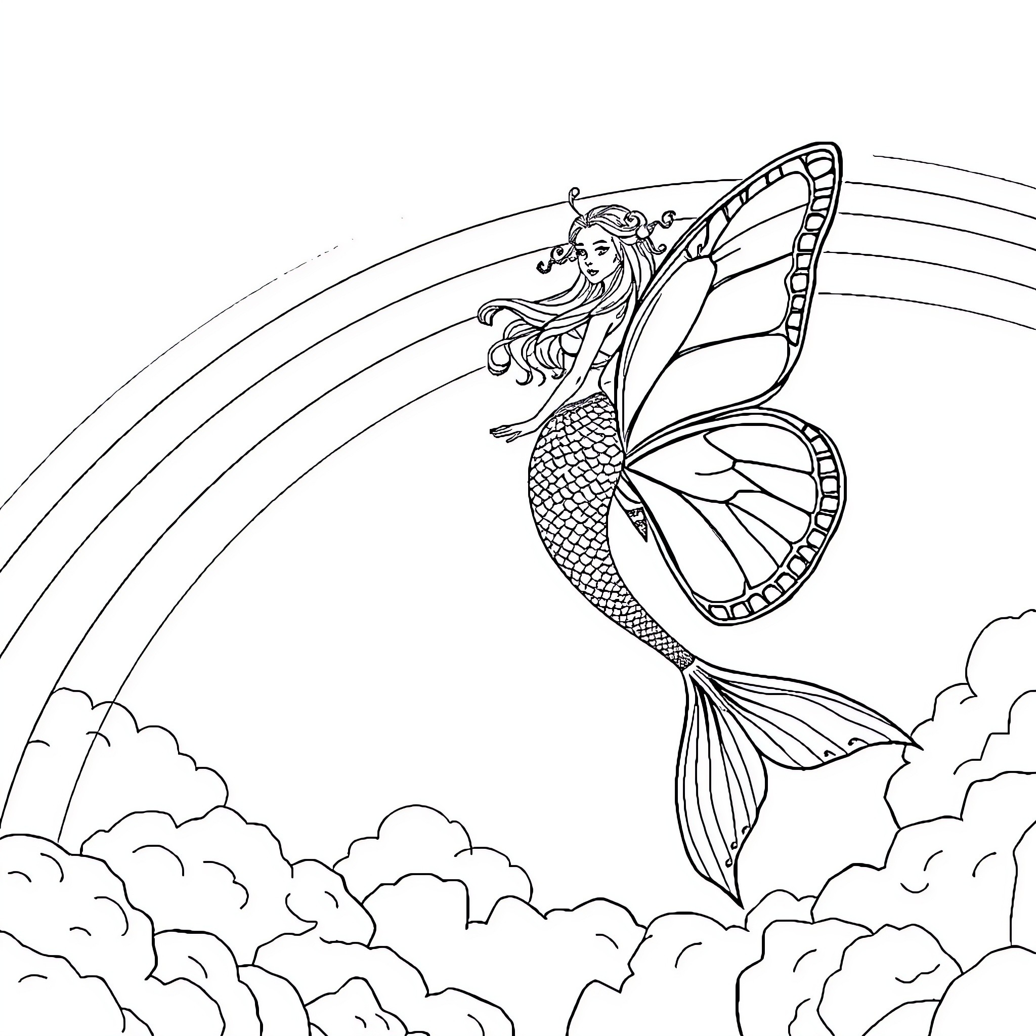 Mermaid joyfully swimming through the clouds Coloring Page (free black-and-white line drawing printable PDF for all, from beginners to advanced learners, including children, teens, adults, and seniors)