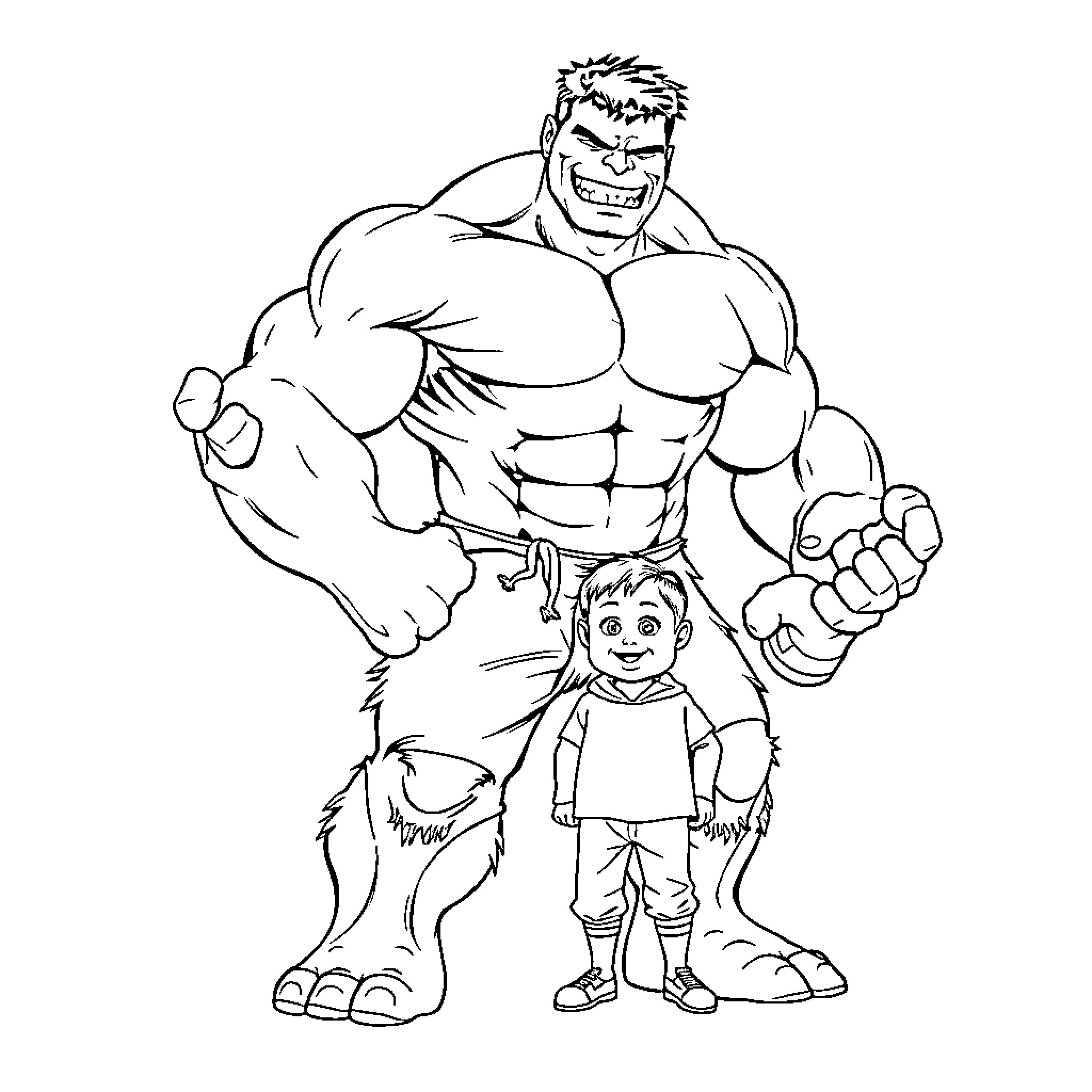 Hulk towering over a young child Coloring Page (free black-and-white line drawing printable PDF for all, from beginners to advanced learners, including children, teens, adults, and seniors)