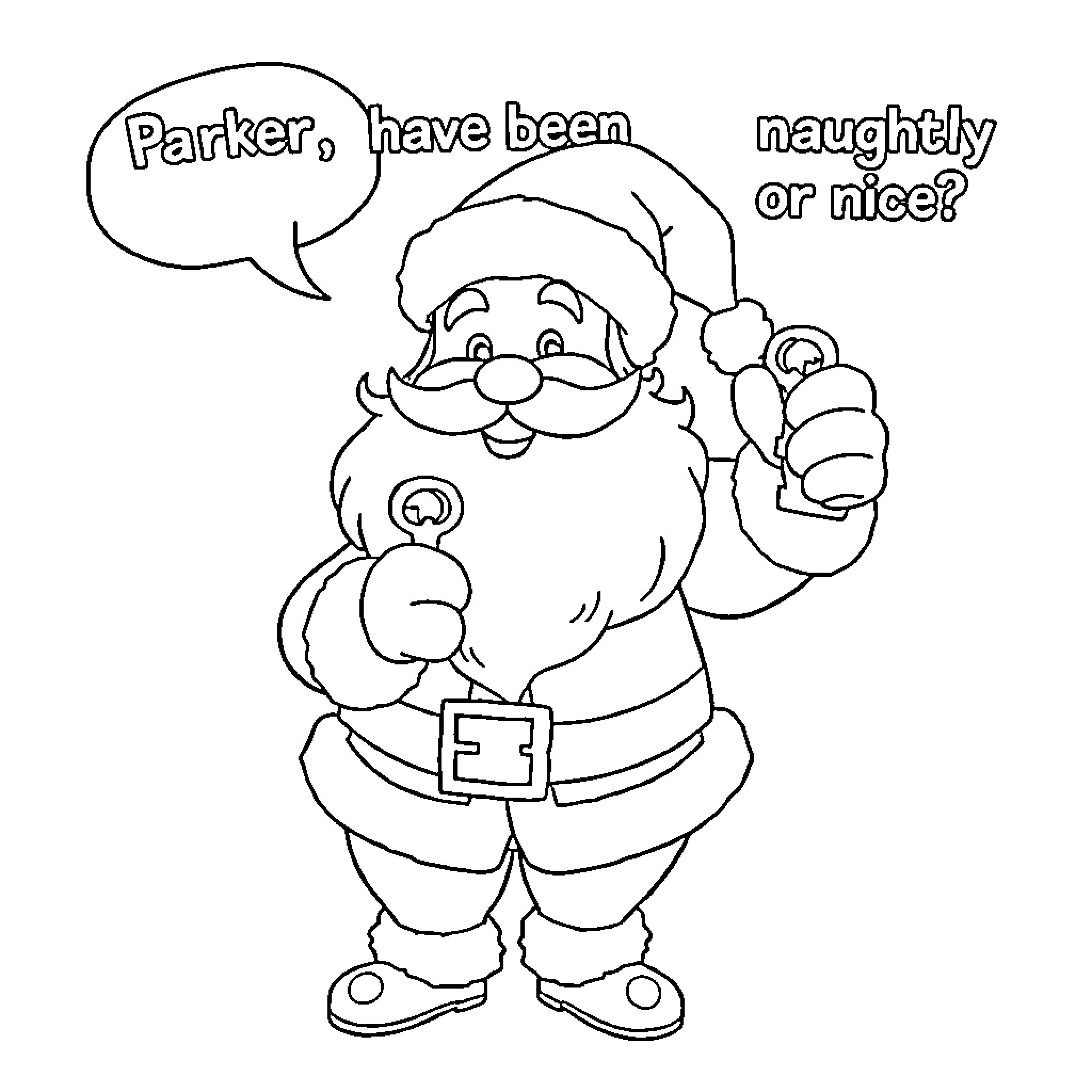 Santa Claus Pondering Naughty or Nice Behavior Coloring Page (free black-and-white line drawing printable PDF for all, from beginners to advanced learners, including children, teens, adults, and seniors)