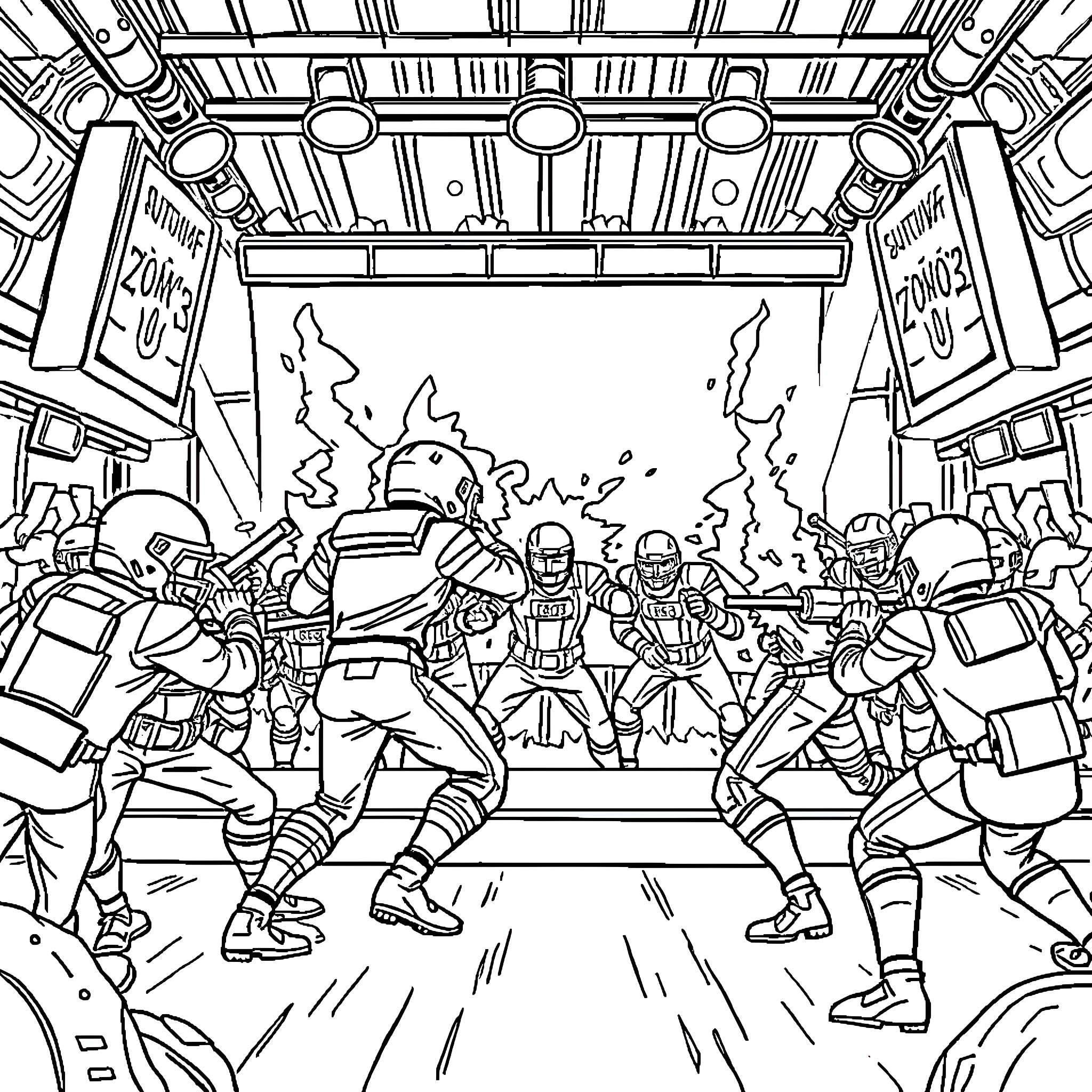 Squid Game: Intense Showdown in Arena Coloring Page (free black-and-white line drawing printable PDF for all, from beginners to advanced learners, including children, teens, adults, and seniors)