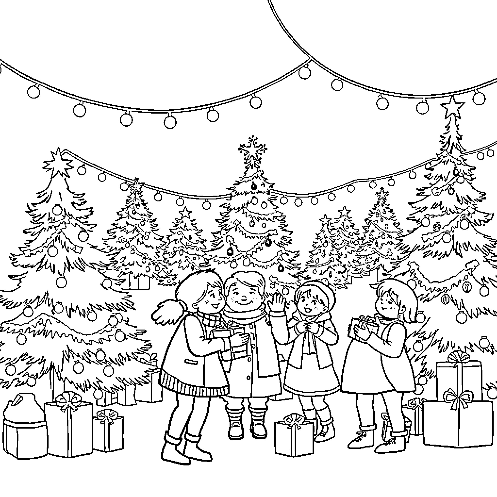 Christmas Celebration with Family and Friends Coloring Page (free black-and-white line drawing printable PDF for all, from beginners to advanced learners, including children, teens, adults, and seniors)