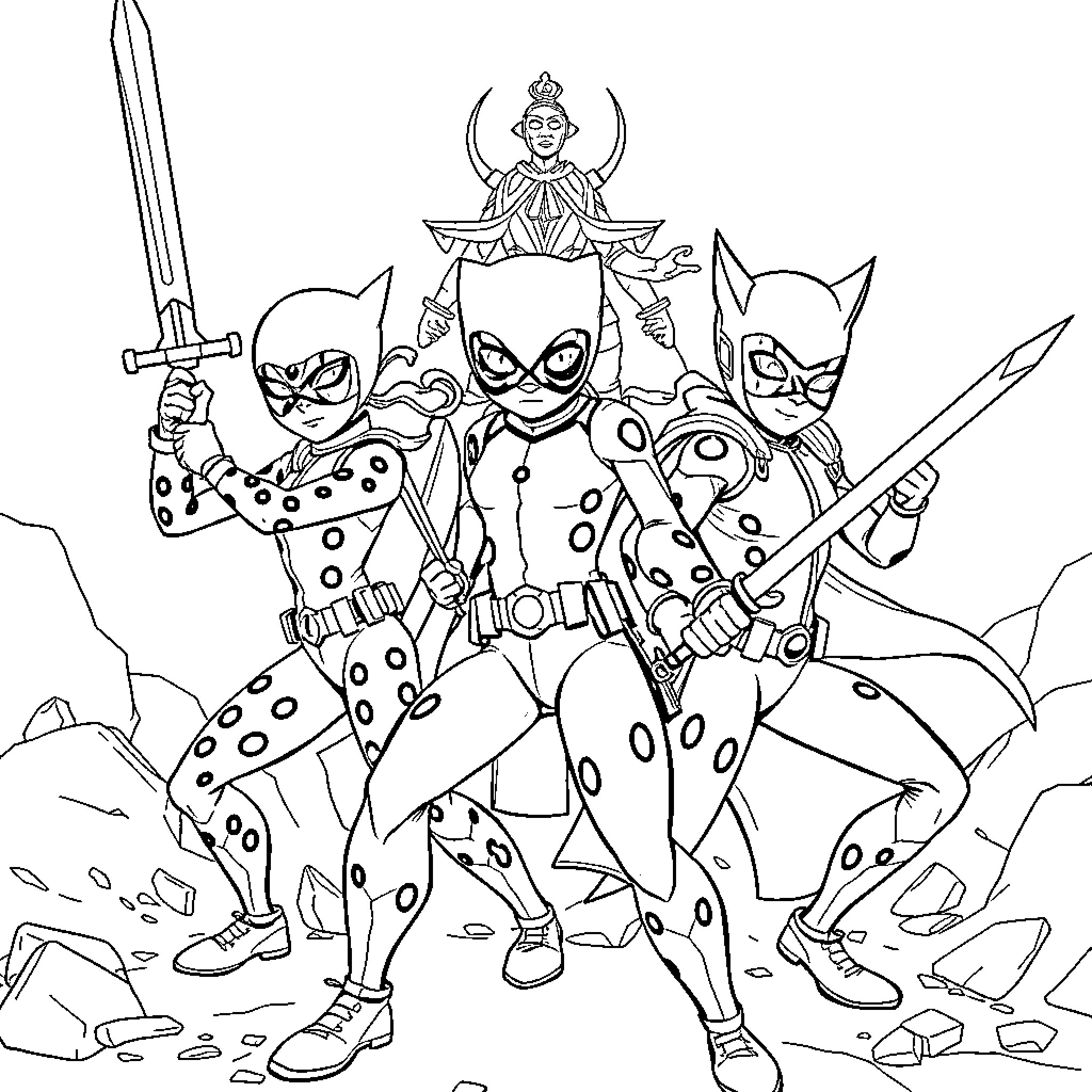 Ladybug heroes in action-packed battle Coloring Page (free black-and-white line drawing printable PDF for all, from beginners to advanced learners, including children, teens, adults, and seniors)
