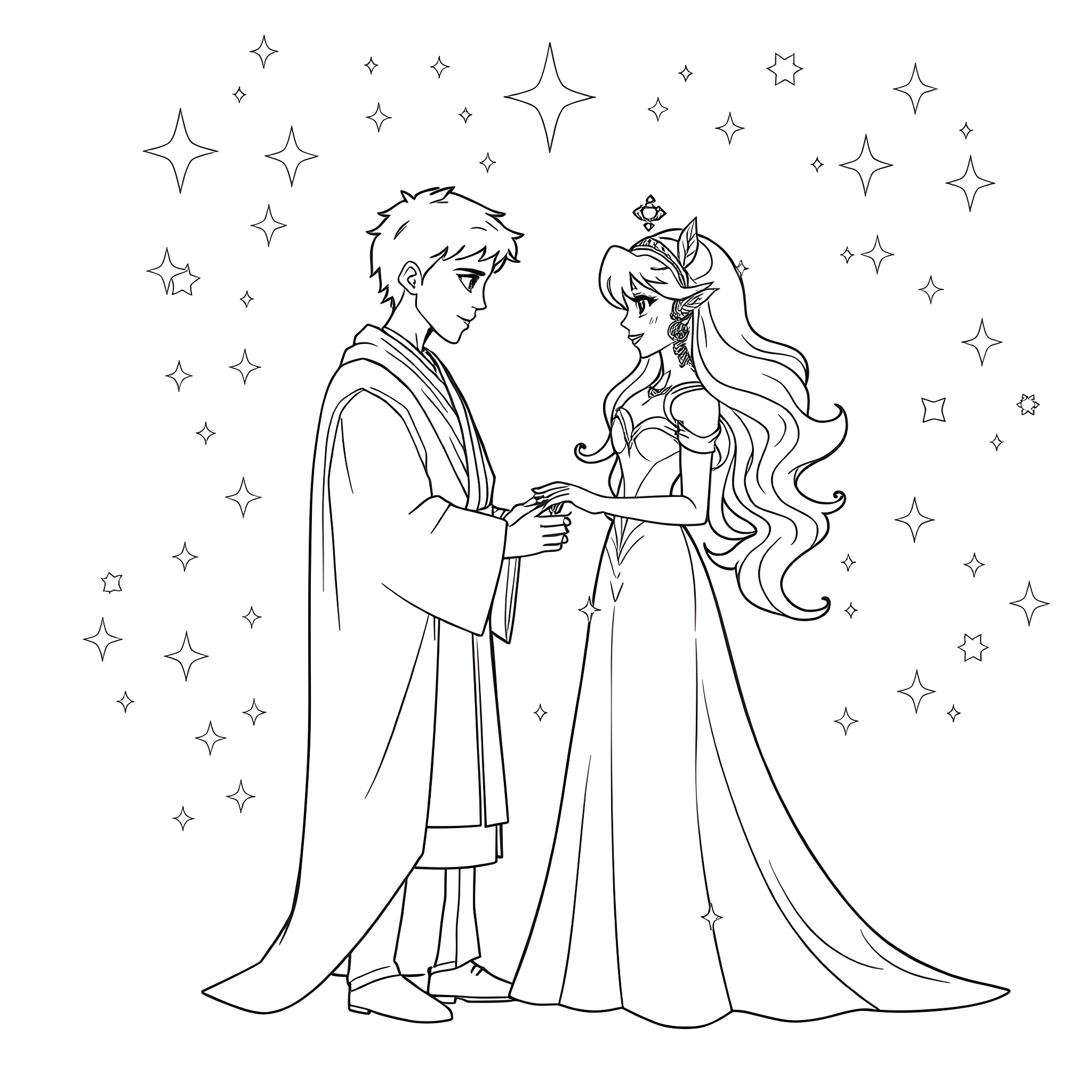 Rosalina and her prince dancing under the stars Coloring Page (free black-and-white line drawing printable PDF for all, from beginners to advanced learners, including children, teens, adults, and seniors)