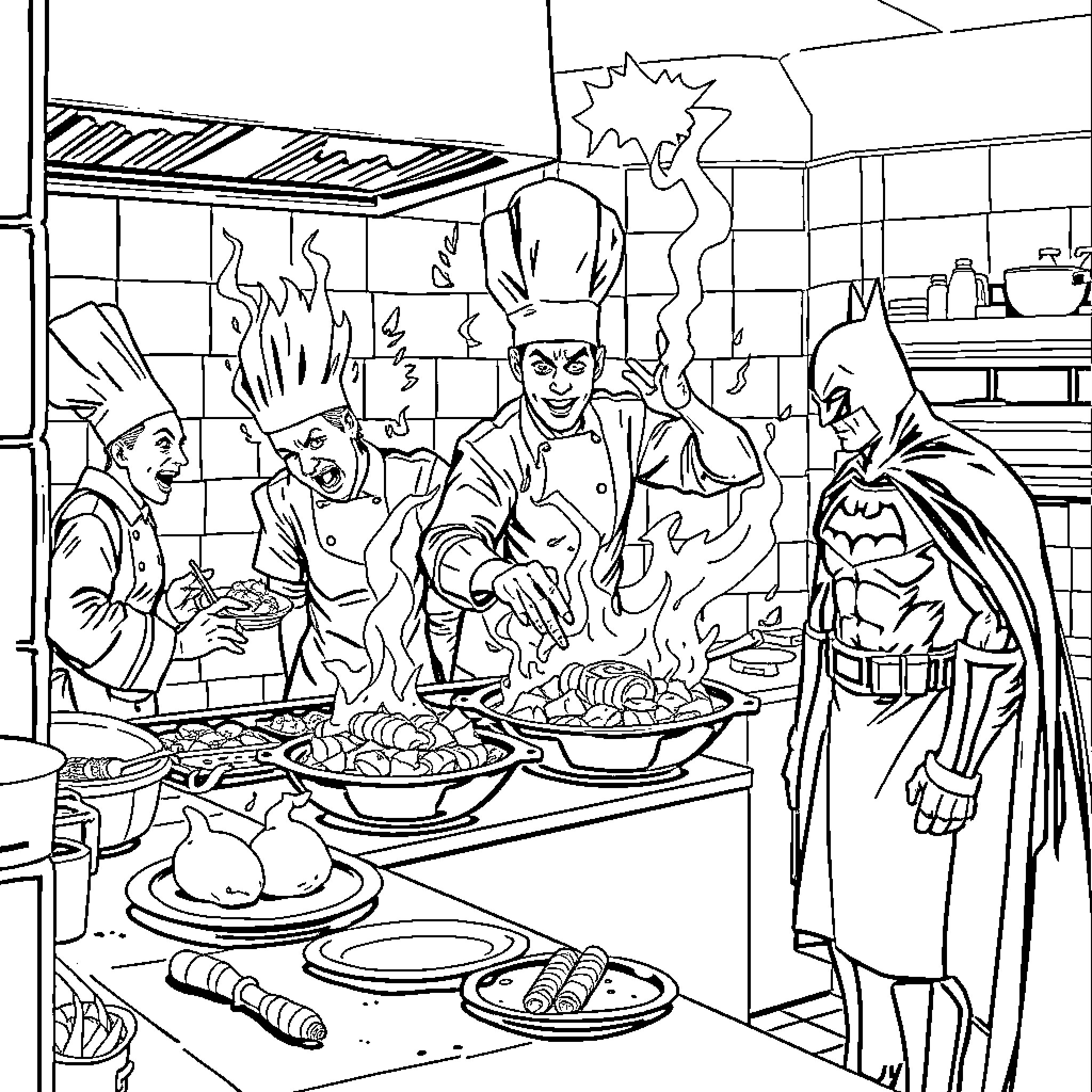 Cook preparing delectable dishes in busy kitchen Coloring Page (free black-and-white line drawing printable PDF for all, from beginners to advanced learners, including children, teens, adults, and seniors)