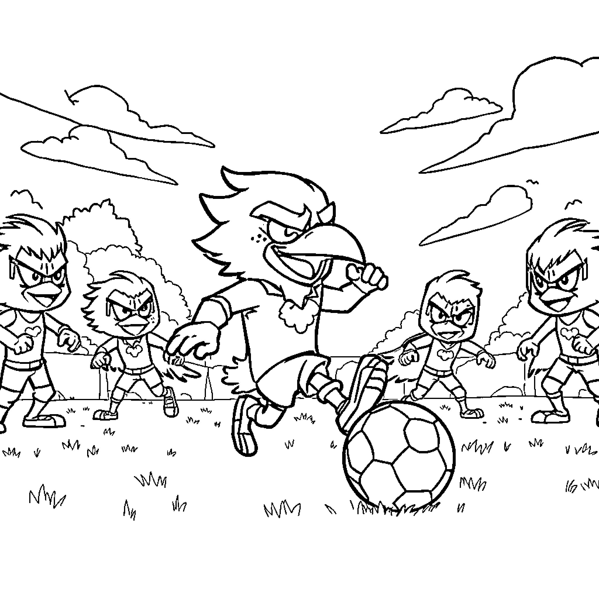 Crow players competing in a soccer match Coloring Page (free black-and-white line drawing printable PDF for all, from beginners to advanced learners, including children, teens, adults, and seniors)
