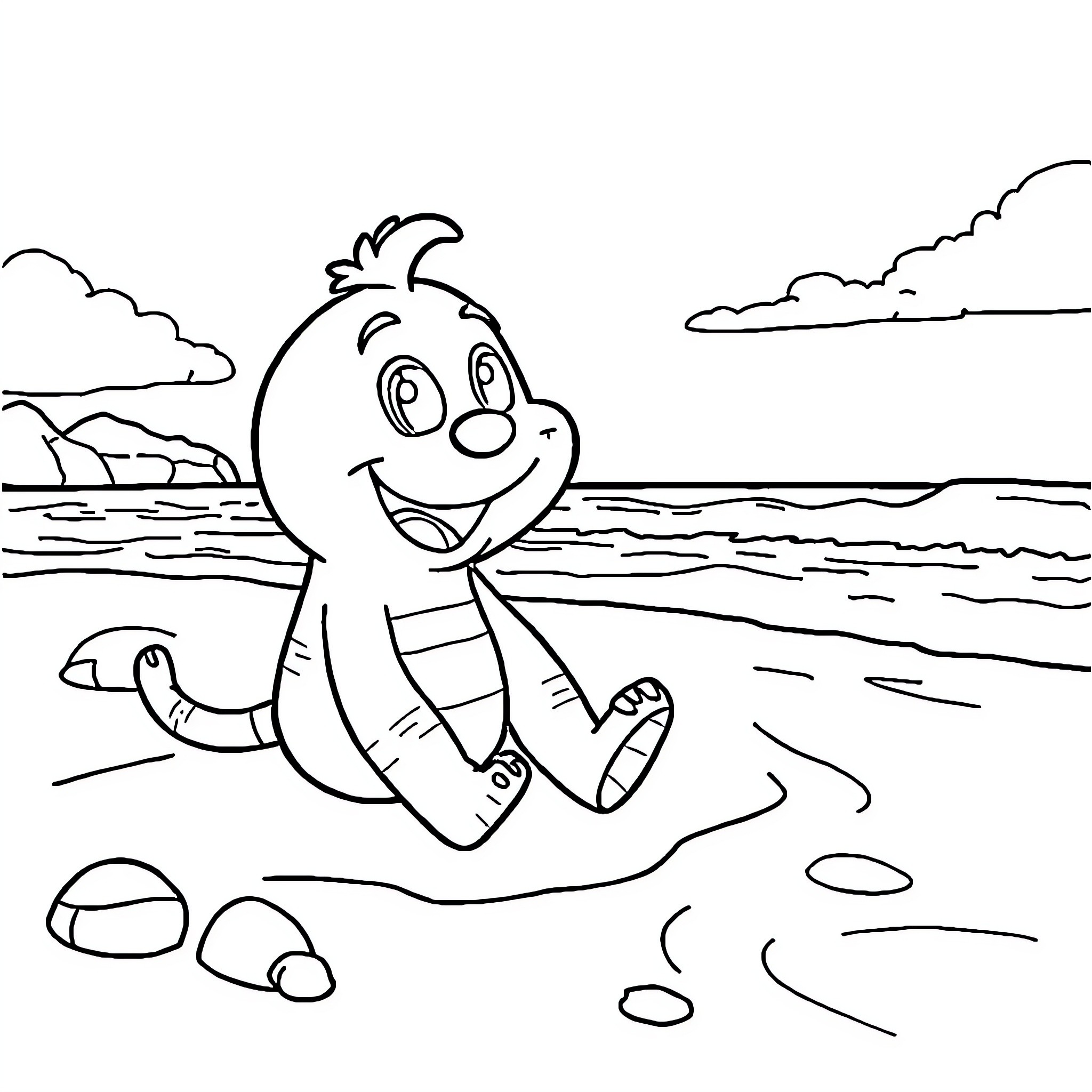 Labobo's Joyful Beach Adventure Coloring Page (free black-and-white line drawing printable PDF for all, from beginners to advanced learners, including children, teens, adults, and seniors)