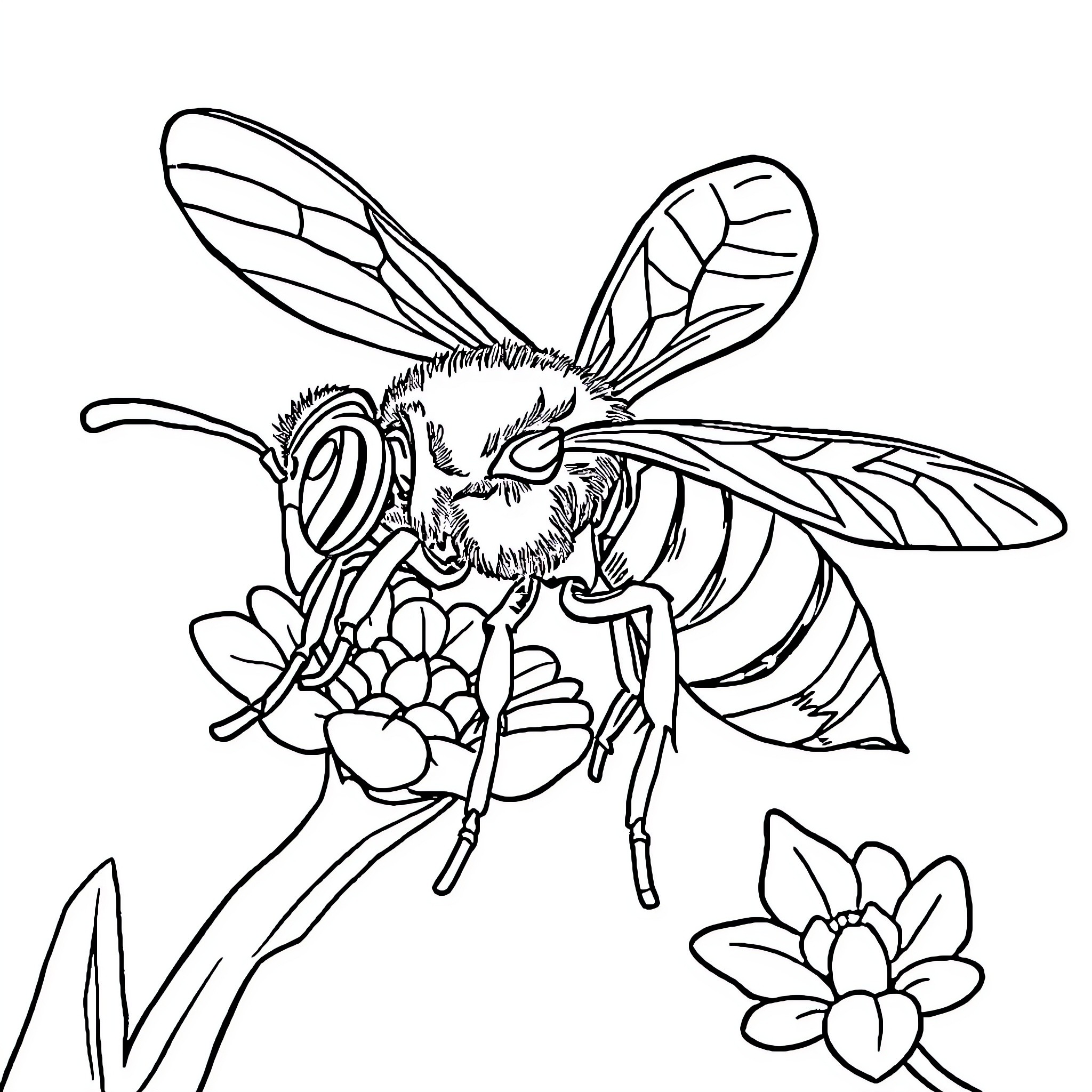 Perezoso bee pollinating flowers Coloring Page (free black-and-white line drawing printable PDF for all, from beginners to advanced learners, including children, teens, adults, and seniors)