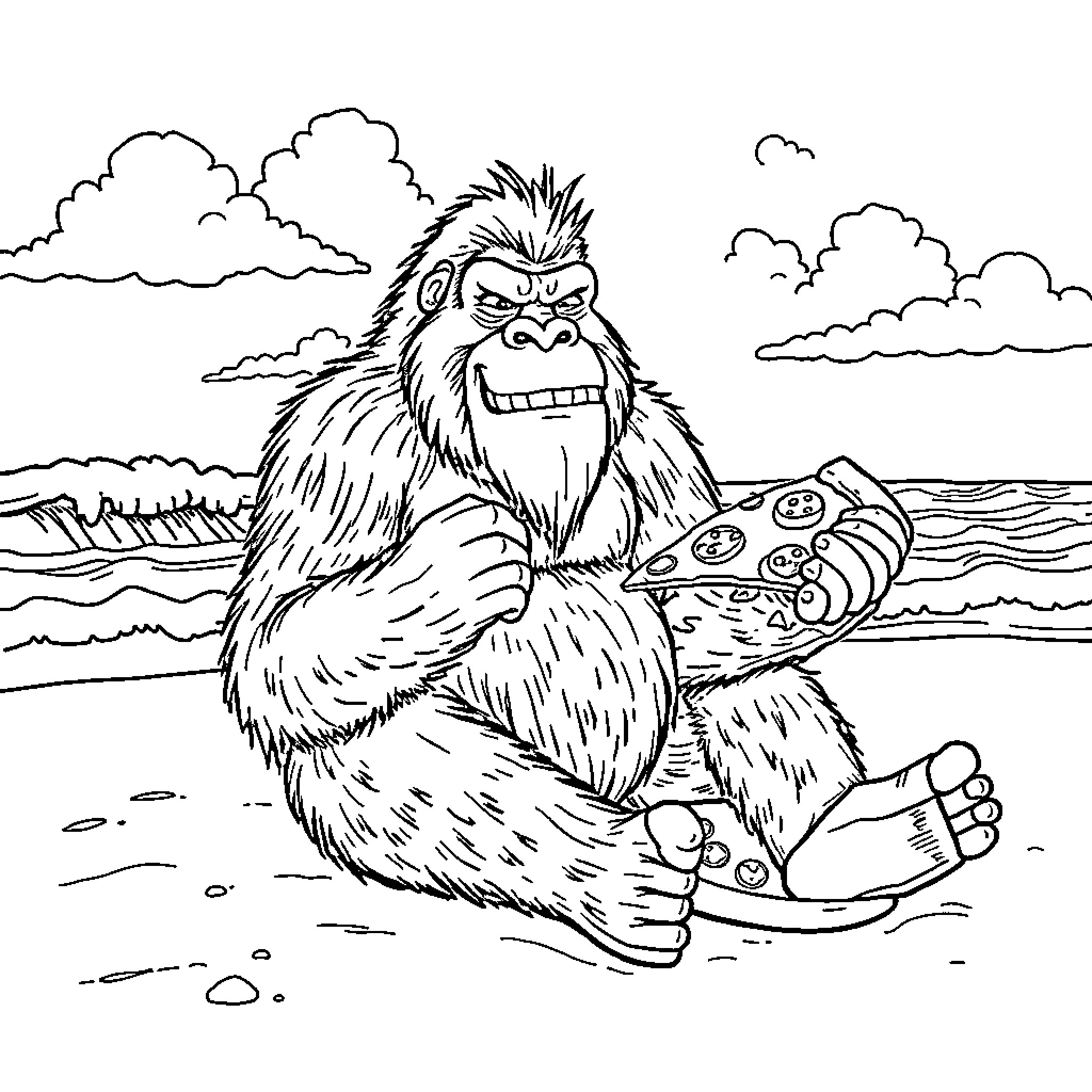 Bigfoot enjoying pizza on the beach Coloring Page (free black-and-white line drawing printable PDF for all, from beginners to advanced learners, including children, teens, adults, and seniors)