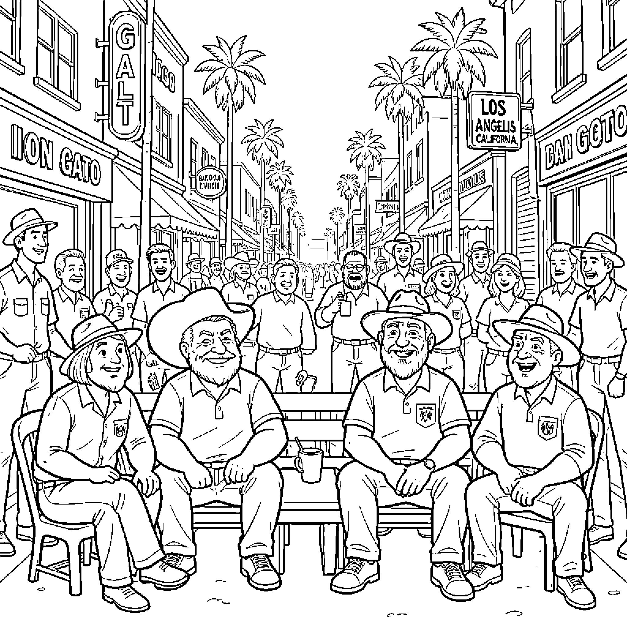 Don Gato and a group of men smiling in a street Coloring Page (free black-and-white line drawing printable PDF for all, from beginners to advanced learners, including children, teens, adults, and seniors)