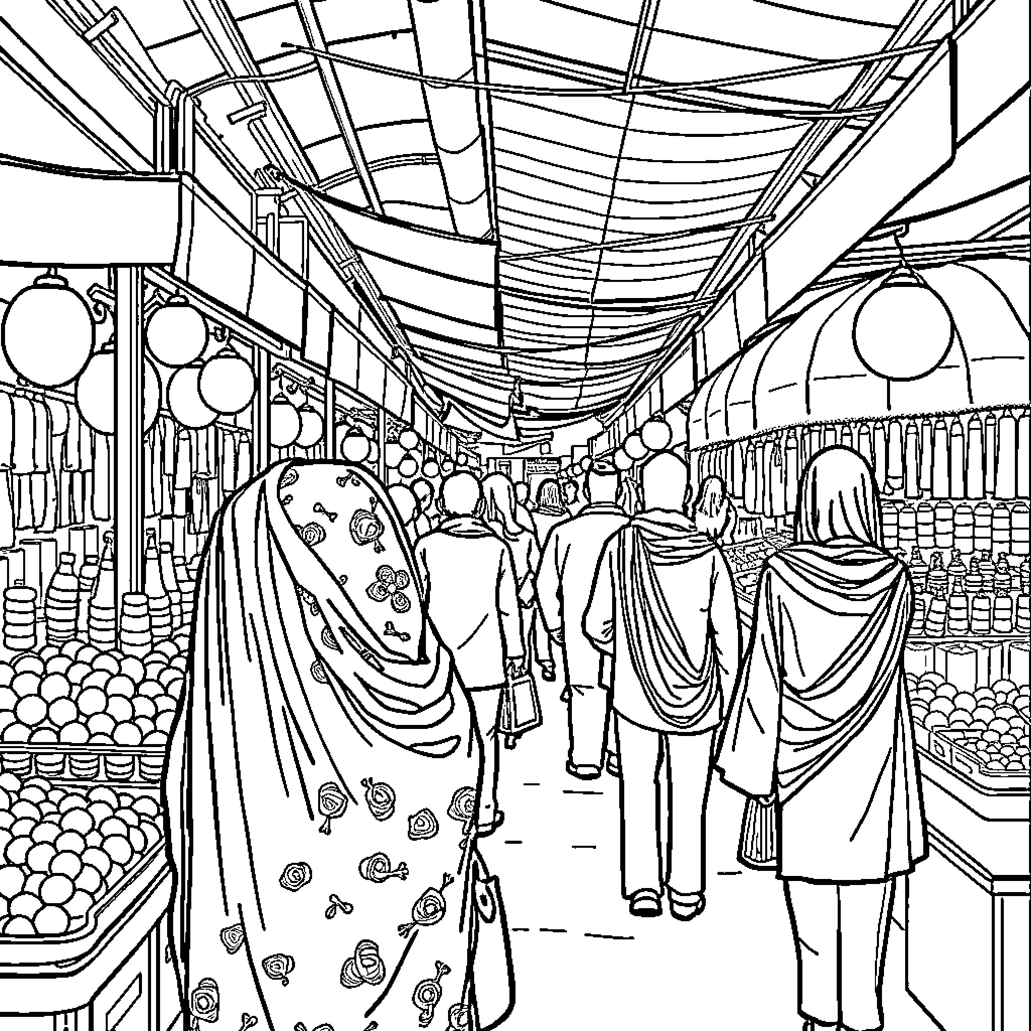 Bouba's Bustling Marketplace Adventure Coloring Page (free black-and-white line drawing printable PDF for all, from beginners to advanced learners, including children, teens, adults, and seniors)