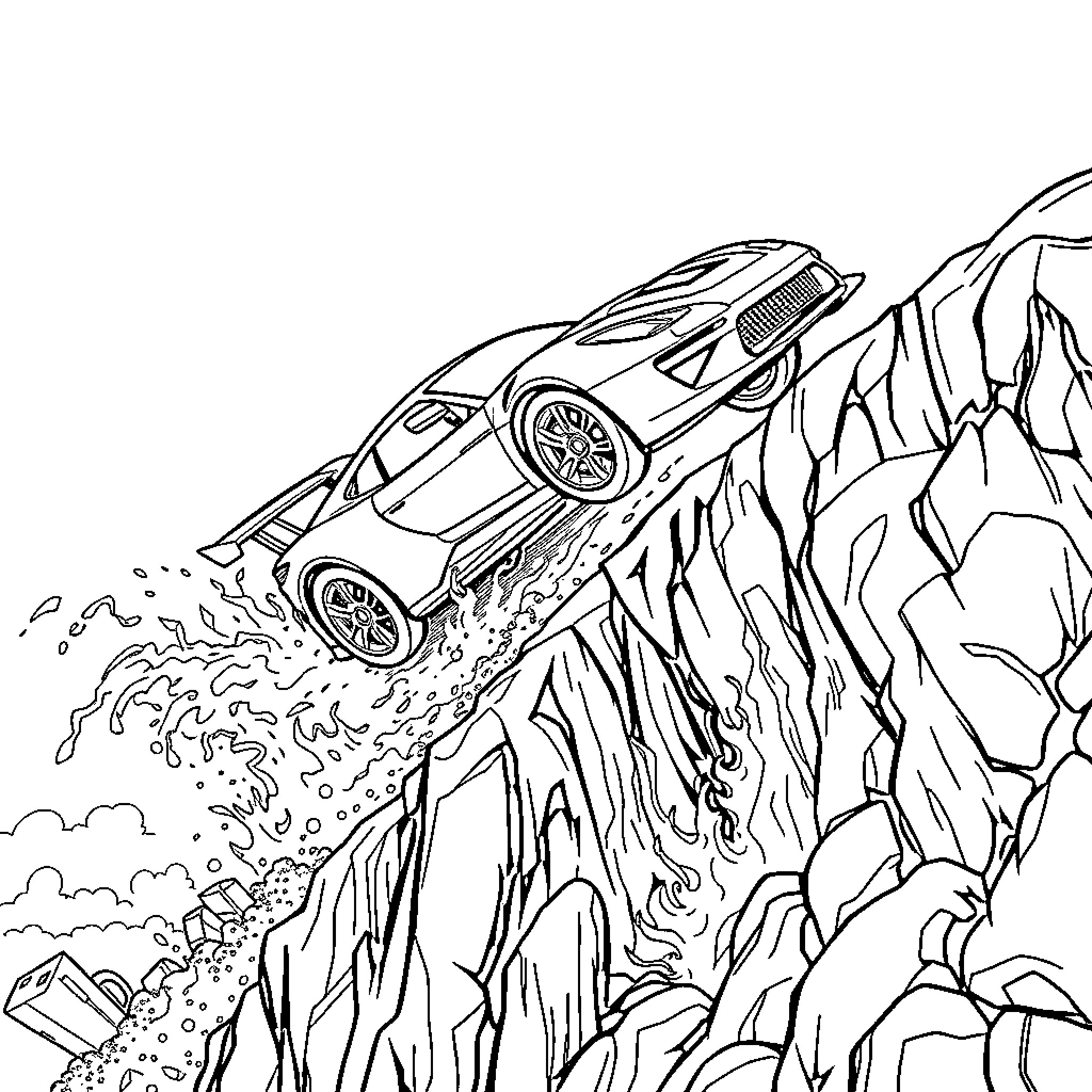 Supercar racing through treacherous mountain terrain Coloring Page (free black-and-white line drawing printable PDF for all, from beginners to advanced learners, including children, teens, adults, and seniors)