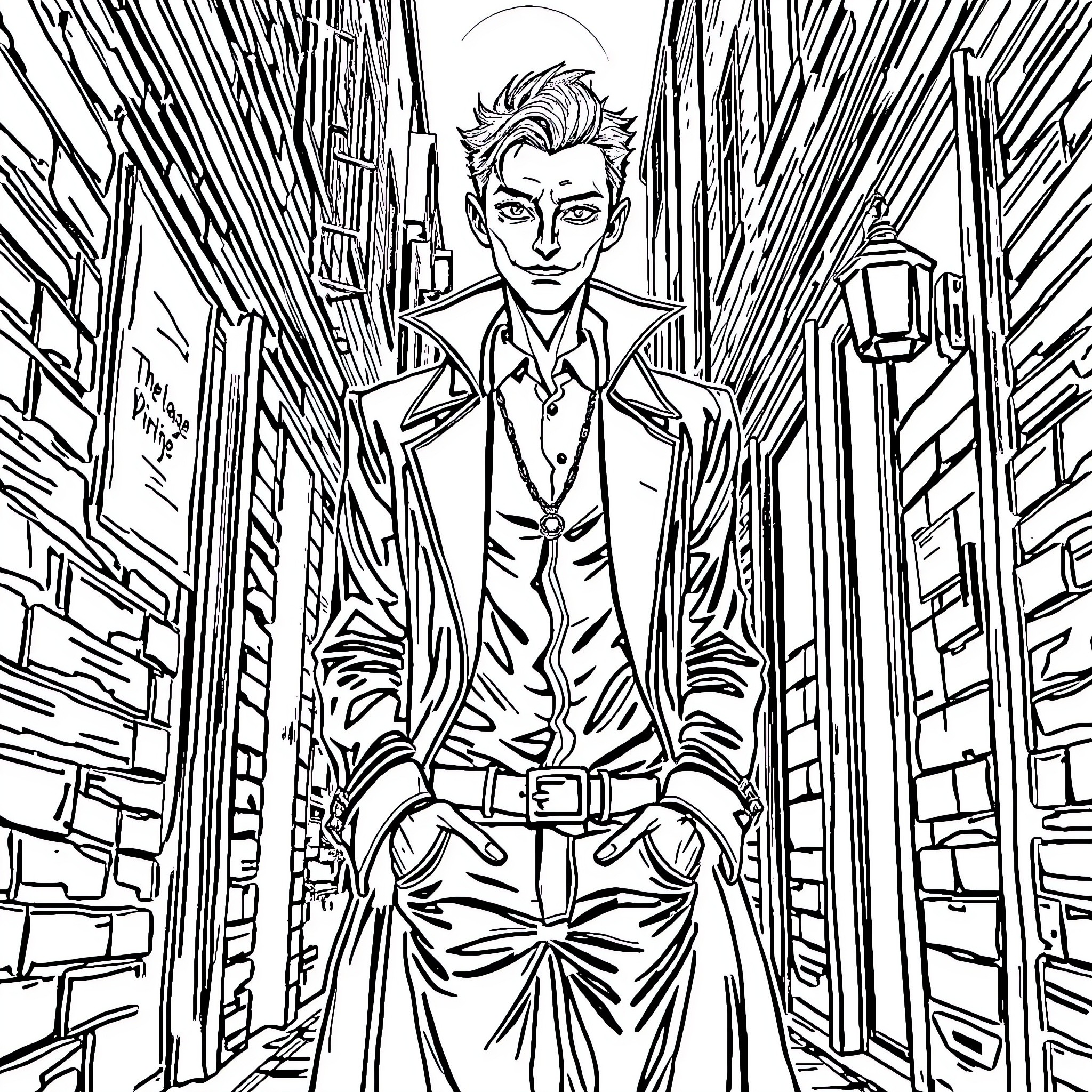 Vampire in a stylish city alley Coloring Page (free black-and-white line drawing printable PDF for all, from beginners to advanced learners, including children, teens, adults, and seniors)
