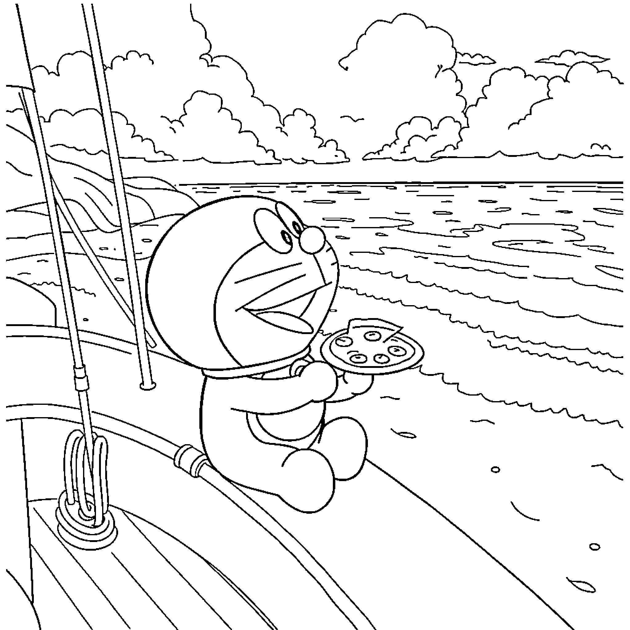 Doraemon enjoys fishing on the dock by the sea Coloring Page (free black-and-white line drawing printable PDF for all, from beginners to advanced learners, including children, teens, adults, and seniors)