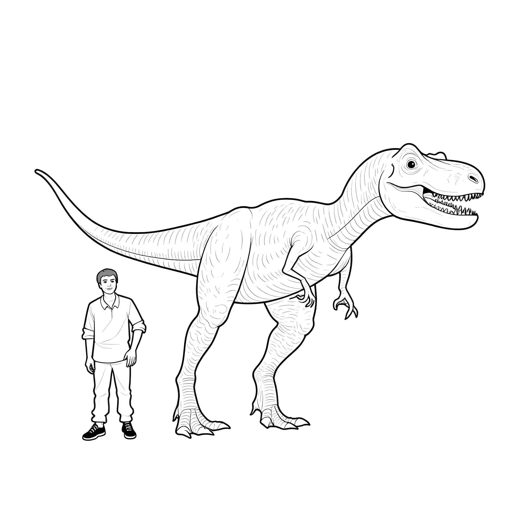 Man standing next to a large dinosaur Coloring Page (free black-and-white line drawing printable PDF for all, from beginners to advanced learners, including children, teens, adults, and seniors)