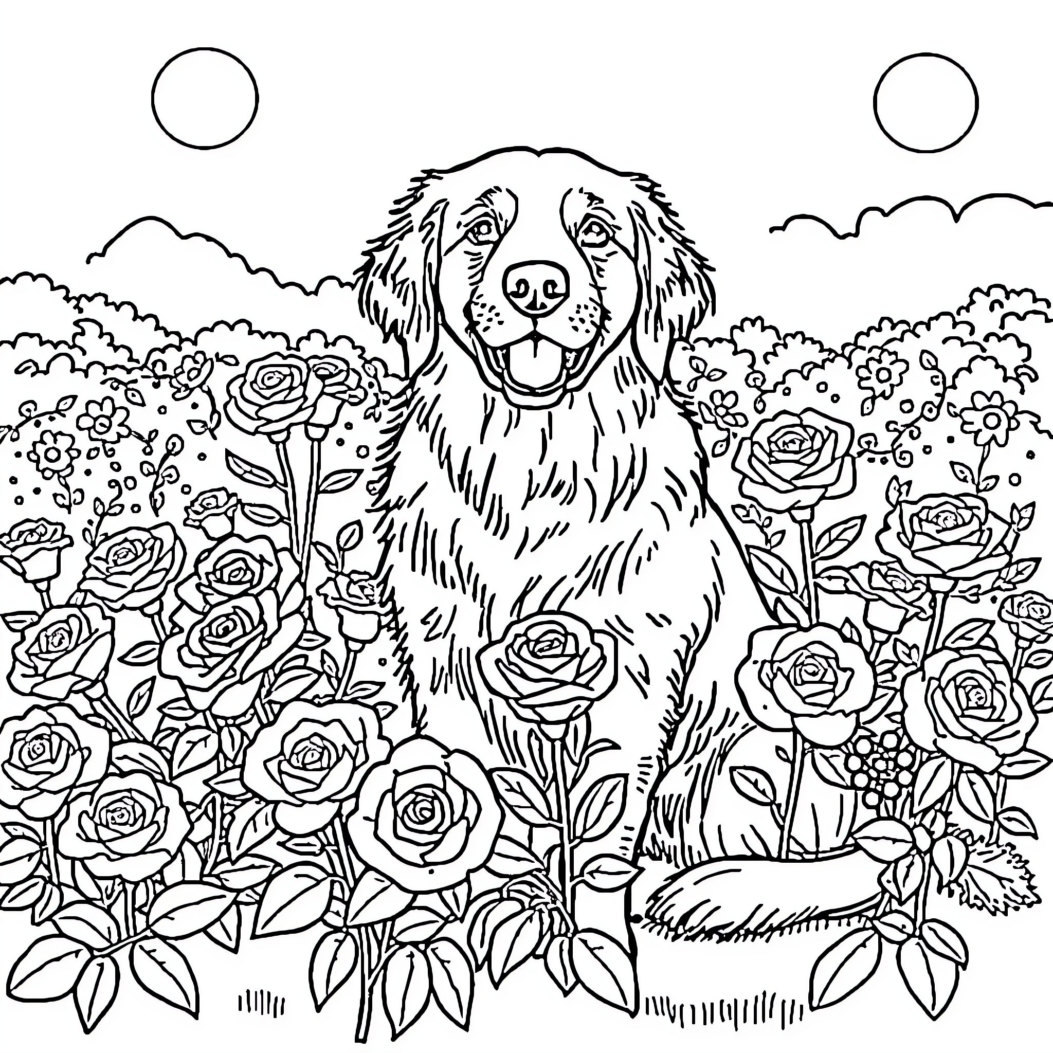 Golden Retriever enjoying a flowery garden Coloring Page (free black-and-white line drawing printable PDF for all, from beginners to advanced learners, including children, teens, adults, and seniors)