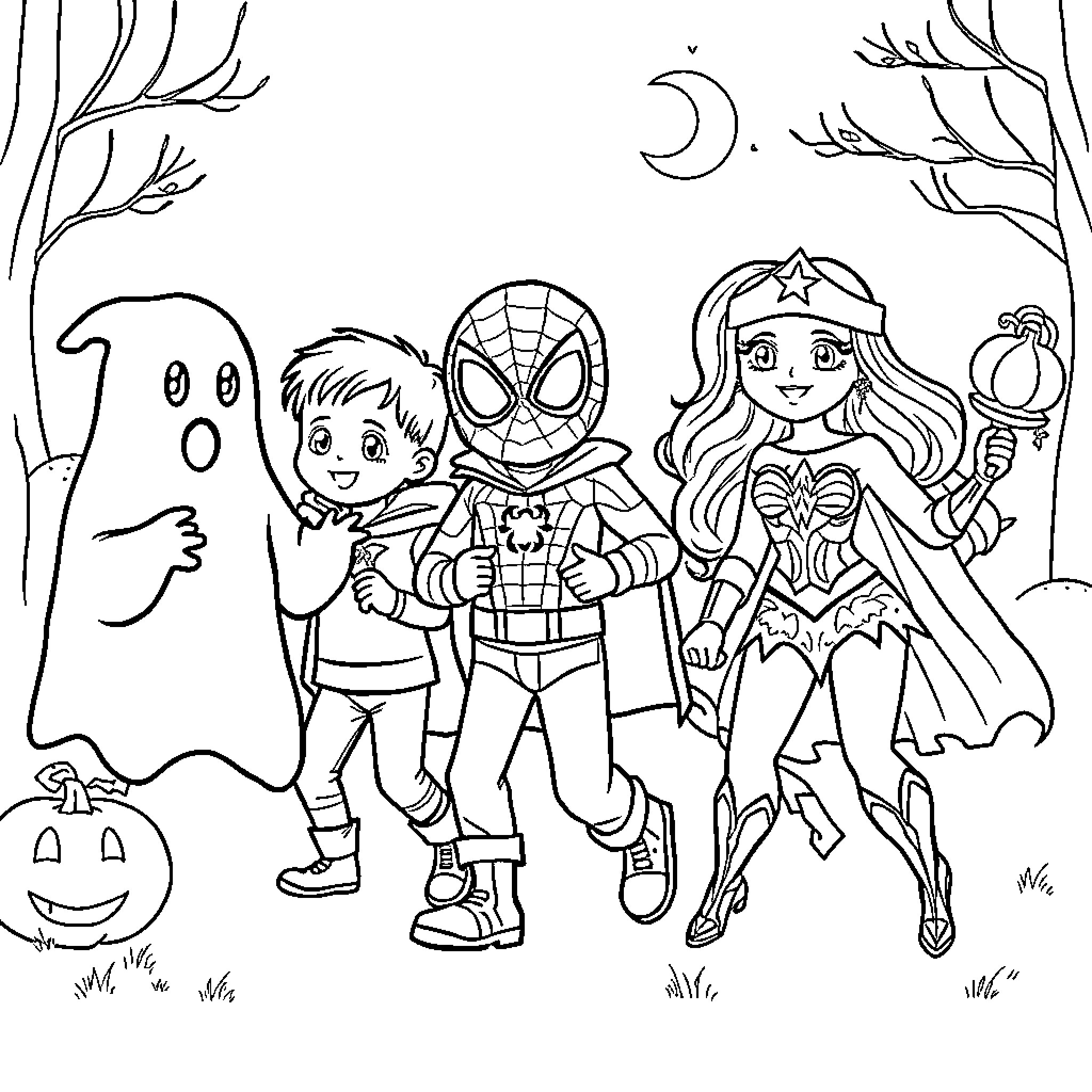 Ghost children trick-or-treating with superhero Coloring Page (free black-and-white line drawing printable PDF for all, from beginners to advanced learners, including children, teens, adults, and seniors)