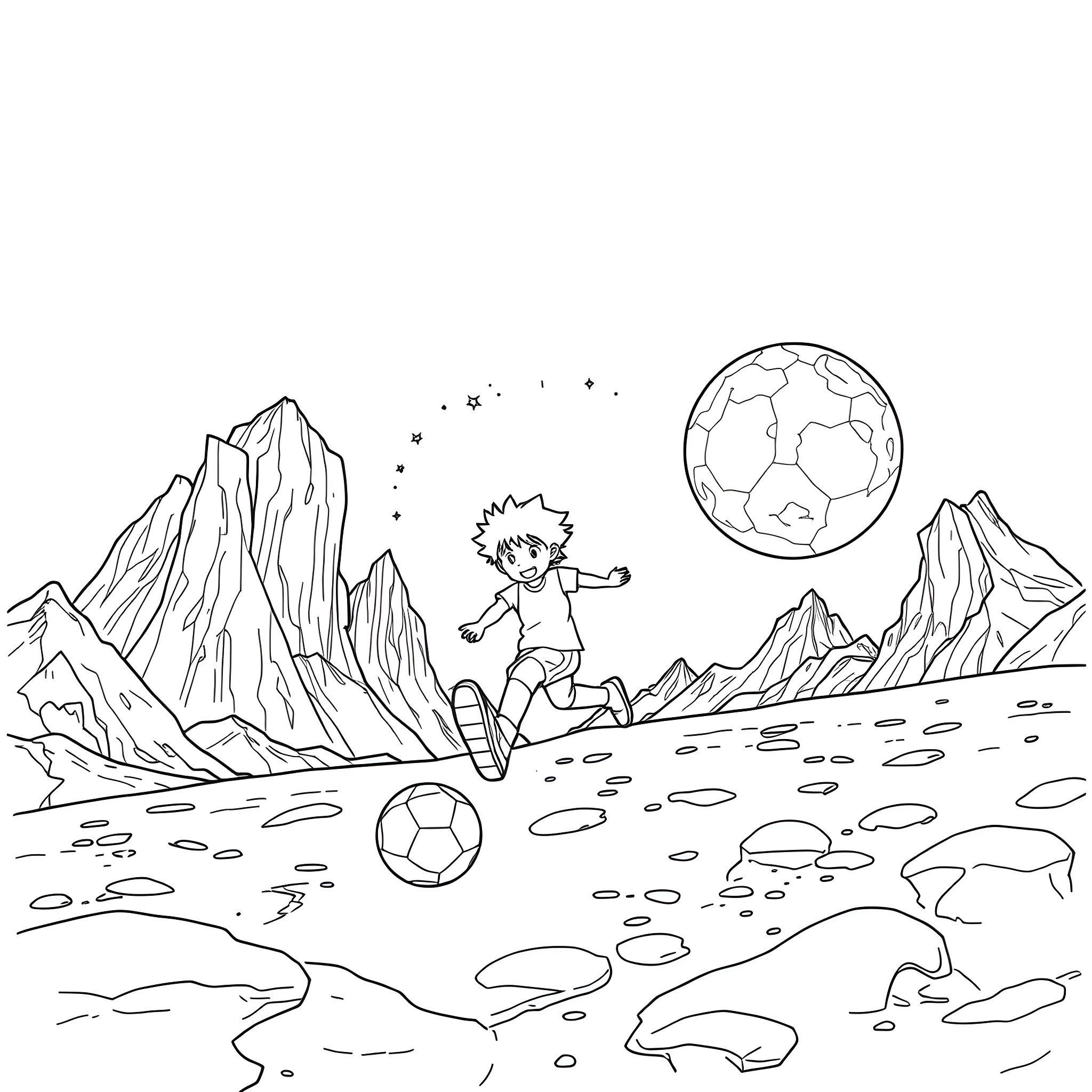 Nagi playing soccer in the moonlit mountains Coloring Page (free black-and-white line drawing printable PDF for all, from beginners to advanced learners, including children, teens, adults, and seniors)