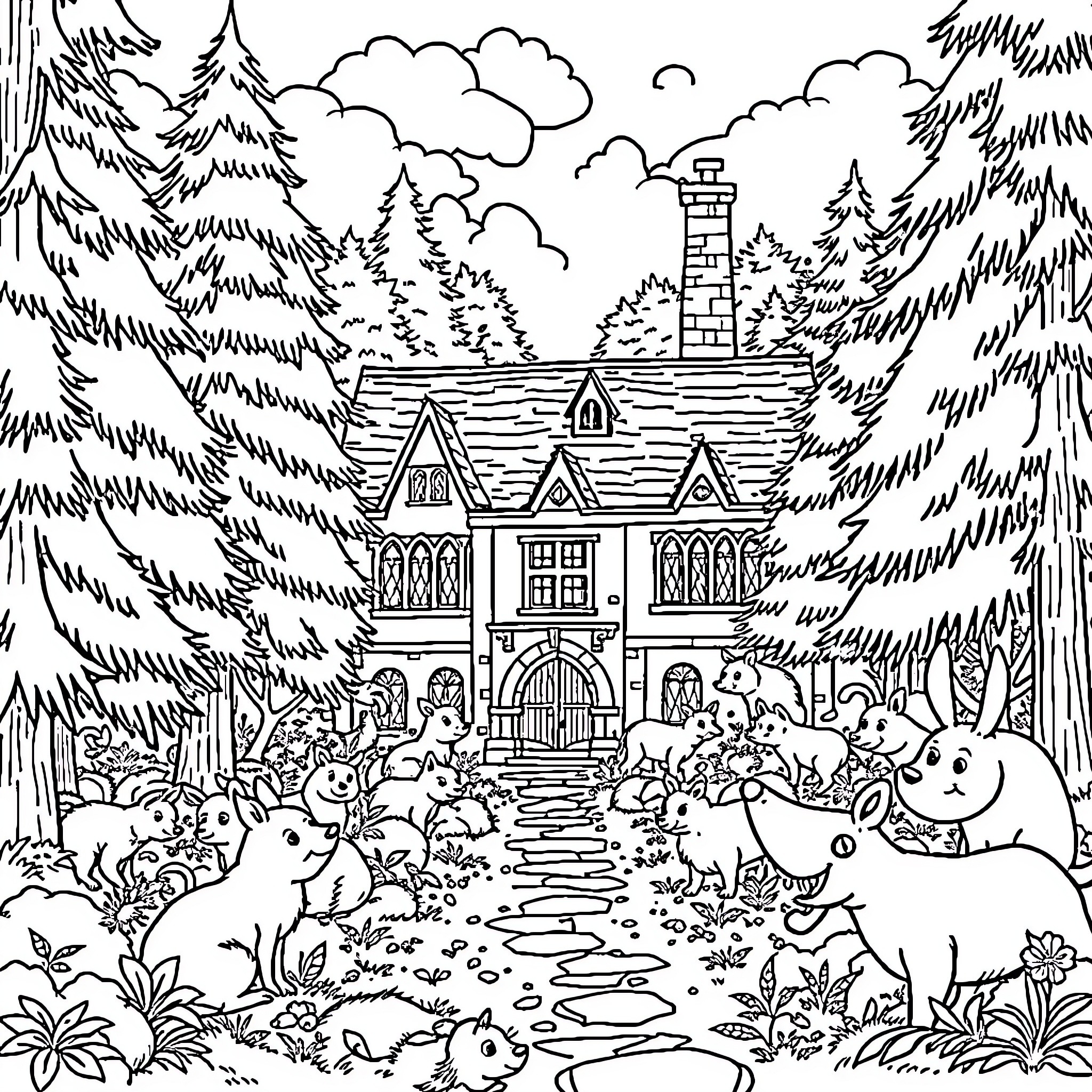 Redwall: Woodland creatures gather at the abbey Coloring Page (free black-and-white line drawing printable PDF for all, from beginners to advanced learners, including children, teens, adults, and seniors)