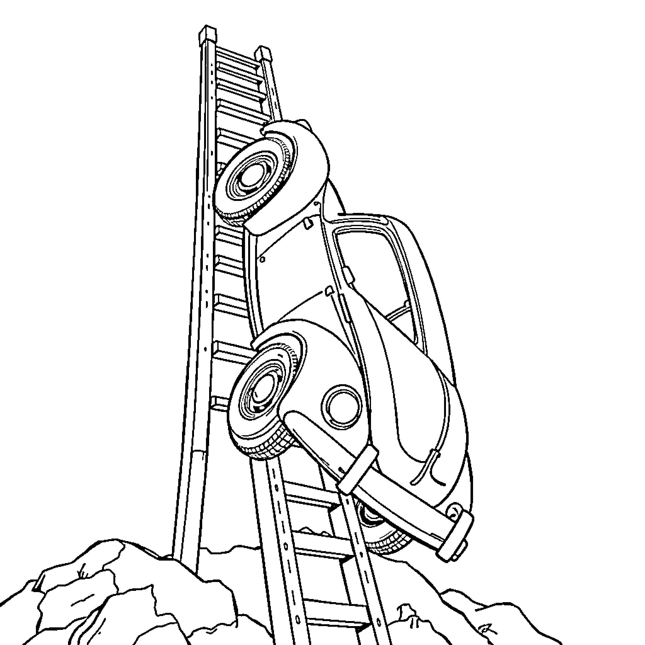 VW Bug scaling rocky cliff with ladder Coloring Page (free black-and-white line drawing printable PDF for all, from beginners to advanced learners, including children, teens, adults, and seniors)