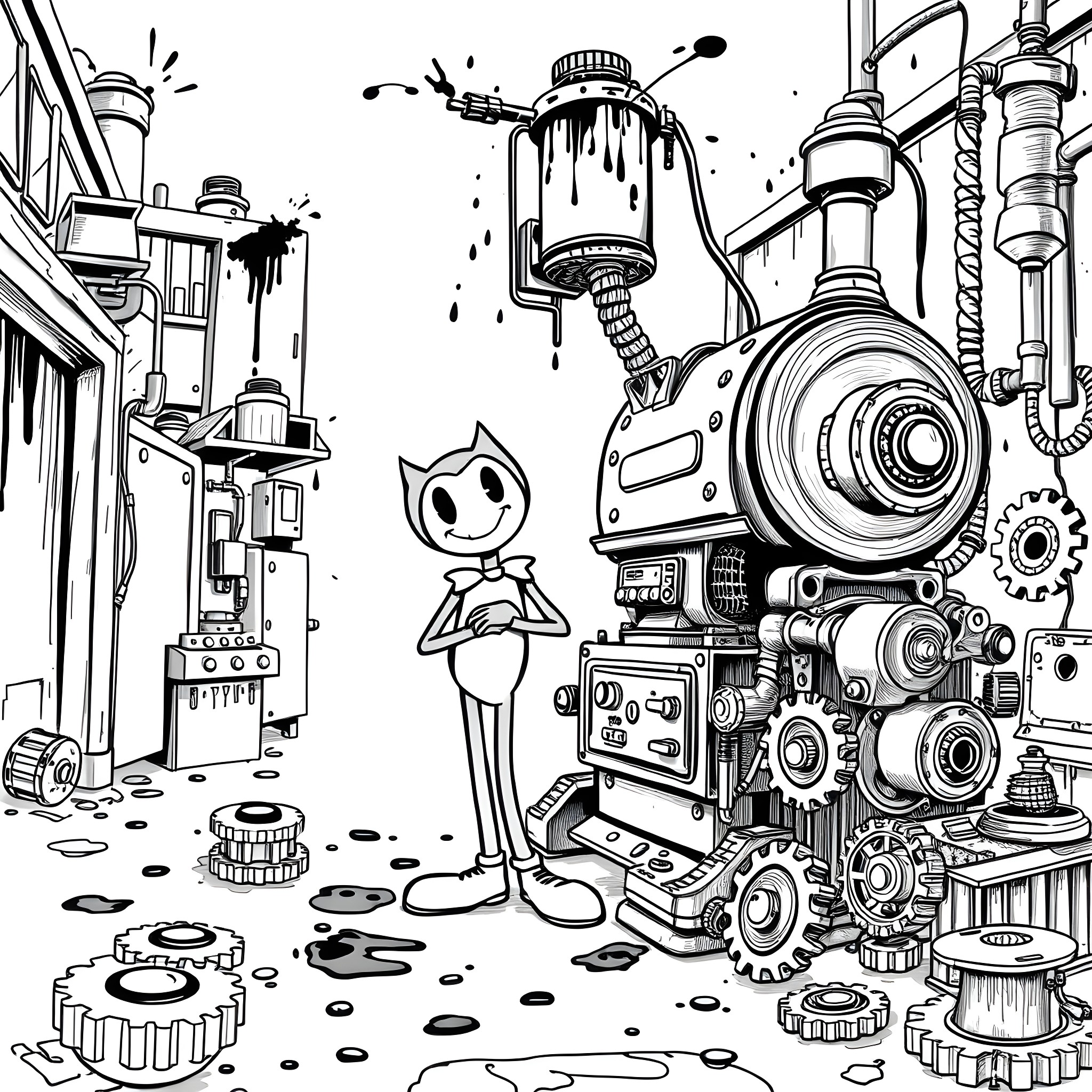 Bendy's Mechanized Workshop Antics Coloring Page (free black-and-white line drawing printable PDF for all, from beginners to advanced learners, including children, teens, adults, and seniors)