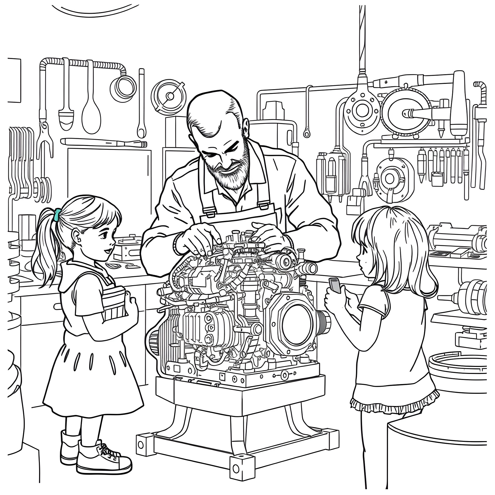 Mechanic Teaches Children about Vehicle Mechanics Coloring Page (free black-and-white line drawing printable PDF for all, from beginners to advanced learners, including children, teens, adults, and seniors)