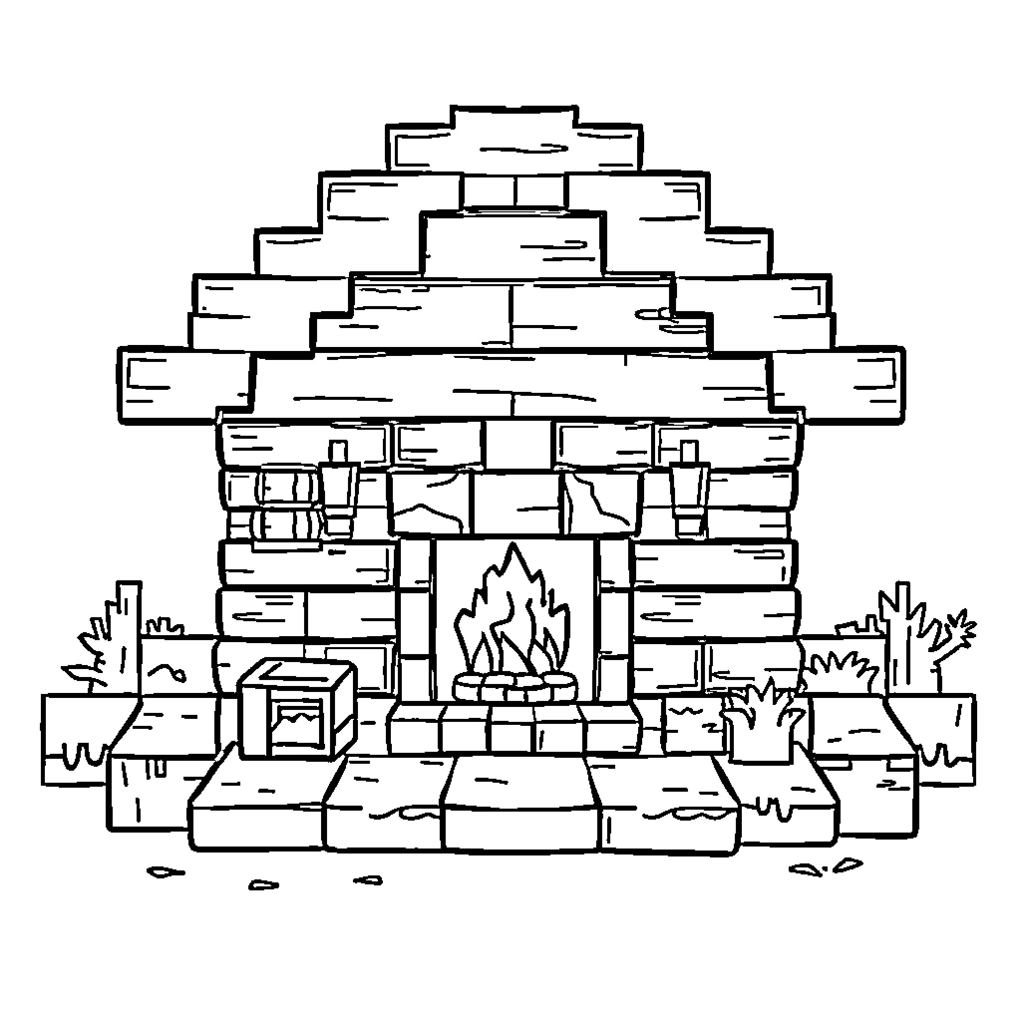 Minecraft House with Fireplace and Brick Facade Coloring Page (free black-and-white line drawing printable PDF for all, from beginners to advanced learners, including children, teens, adults, and seniors)
