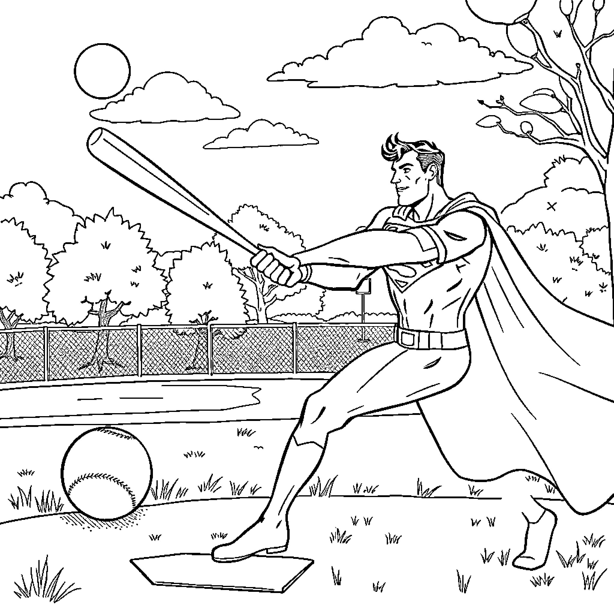 Superman playing baseball in the park Coloring Page (free black-and-white line drawing printable PDF for all, from beginners to advanced learners, including children, teens, adults, and seniors)