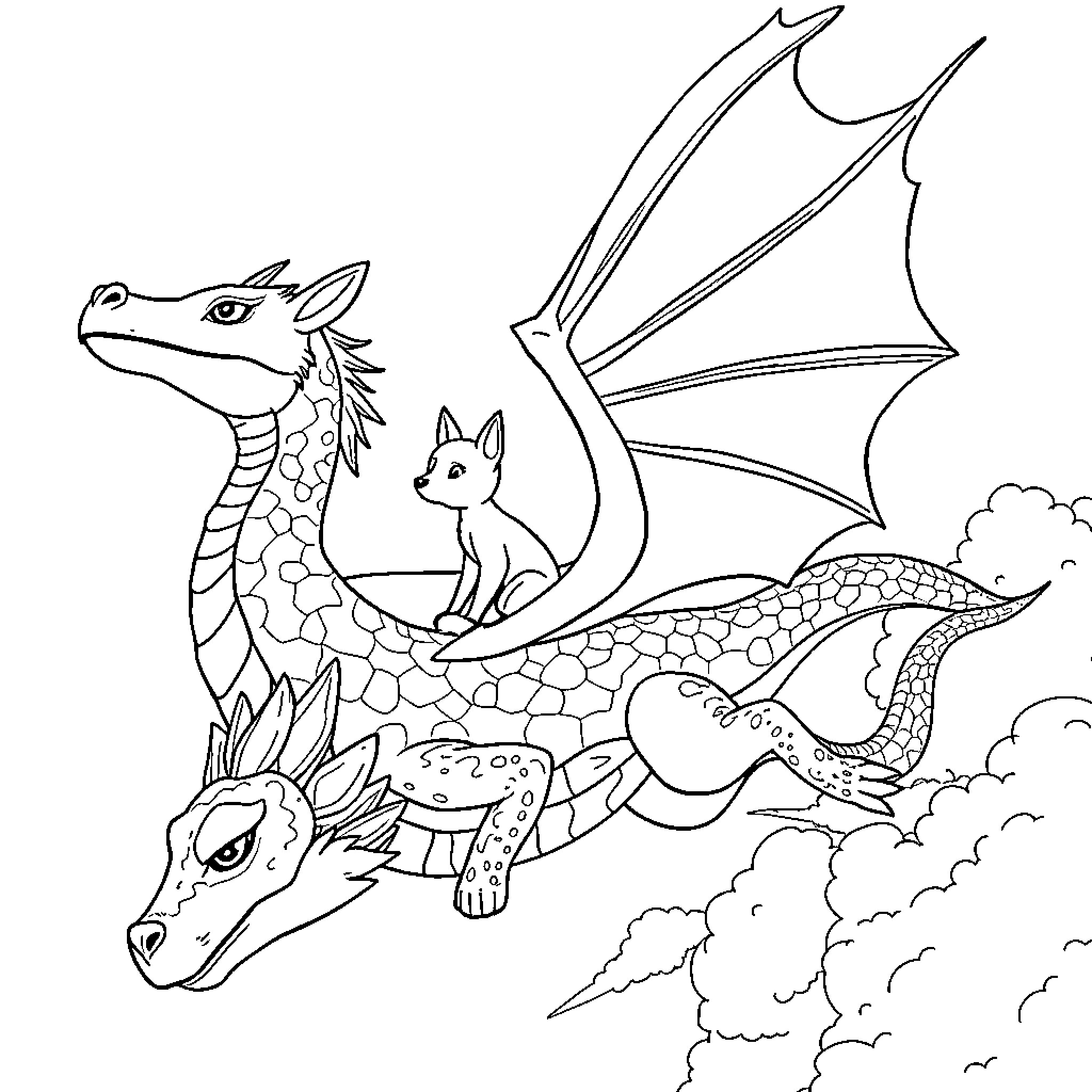 Fox-like creatures soaring through the sky Coloring Page (free black-and-white line drawing printable PDF for all, from beginners to advanced learners, including children, teens, adults, and seniors)