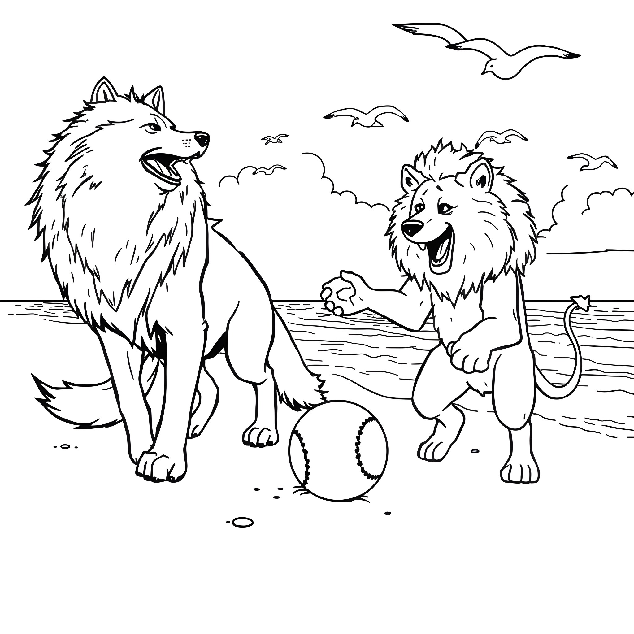 Wolf siblings playing together on the beach Coloring Page (free black-and-white line drawing printable PDF for all, from beginners to advanced learners, including children, teens, adults, and seniors)