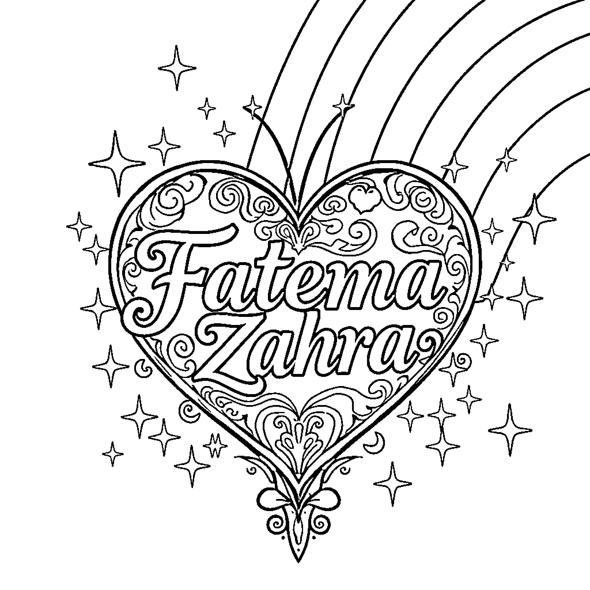 Heart-shaped ornate design with Fatema Zahara Coloring Page (free black-and-white line drawing printable PDF for all, from beginners to advanced learners, including children, teens, adults, and seniors)