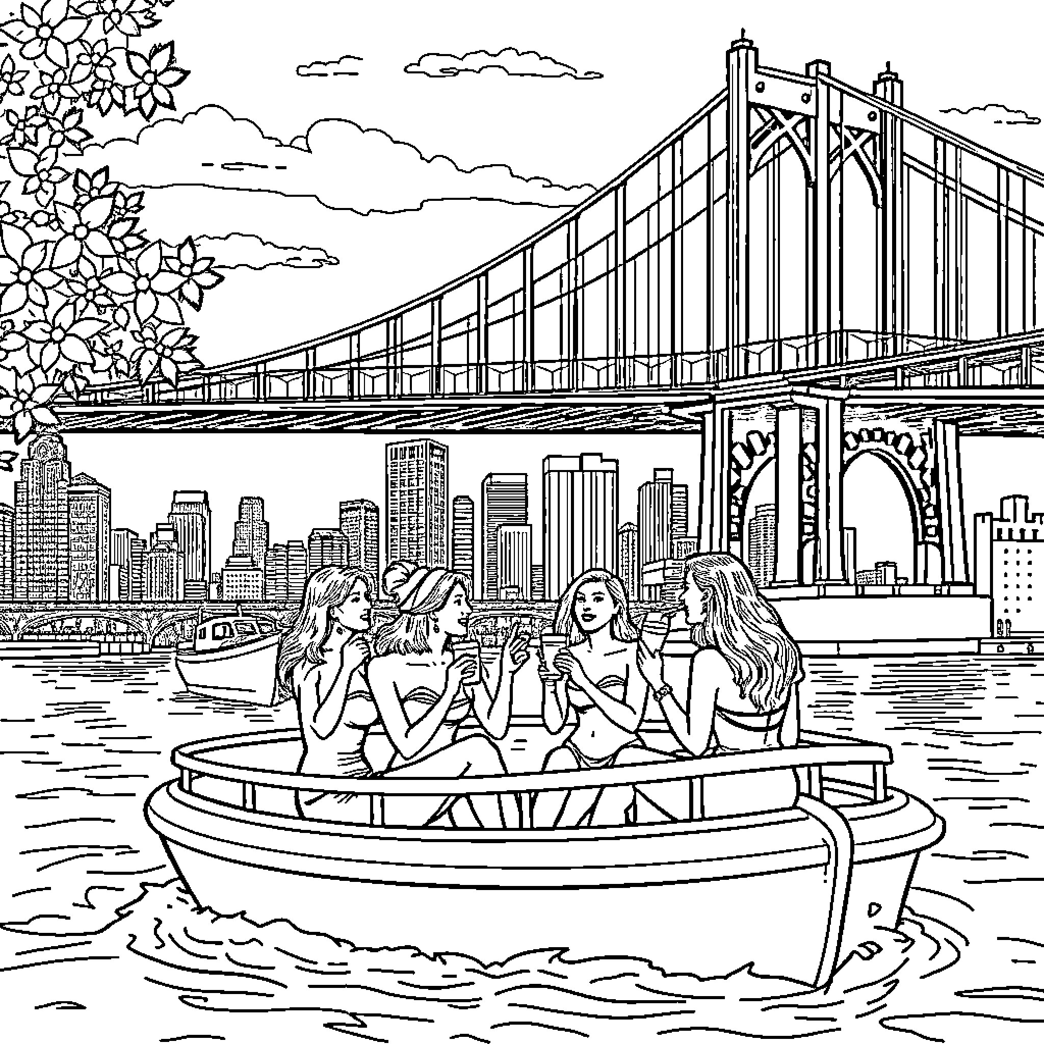 Lady friends enjoying a boat ride in the city Coloring Page (free black-and-white line drawing printable PDF for all, from beginners to advanced learners, including children, teens, adults, and seniors)