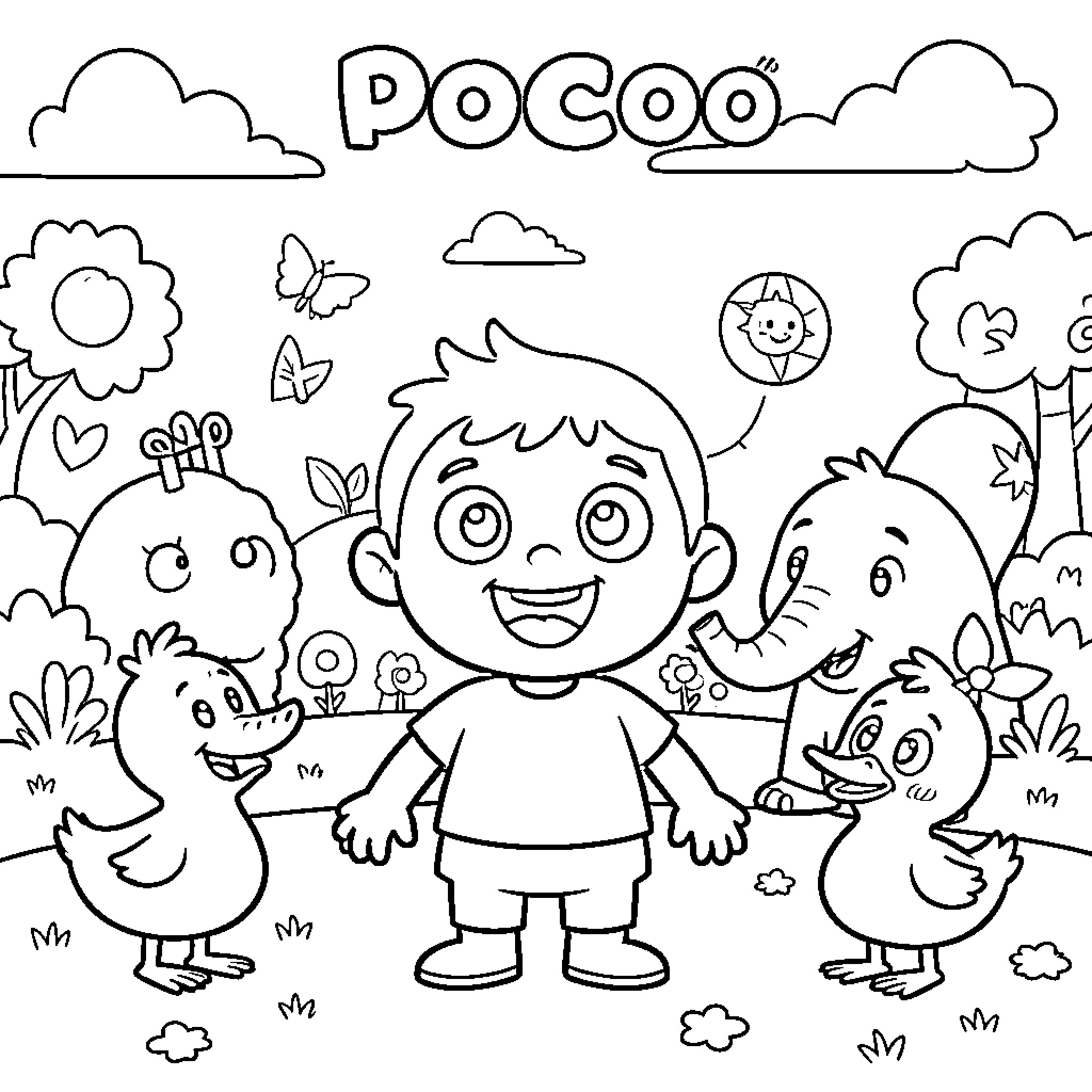 Pocoyo and friends in a playful outdoor scene Coloring Page (free black-and-white line drawing printable PDF for all, from beginners to advanced learners, including children, teens, adults, and seniors)